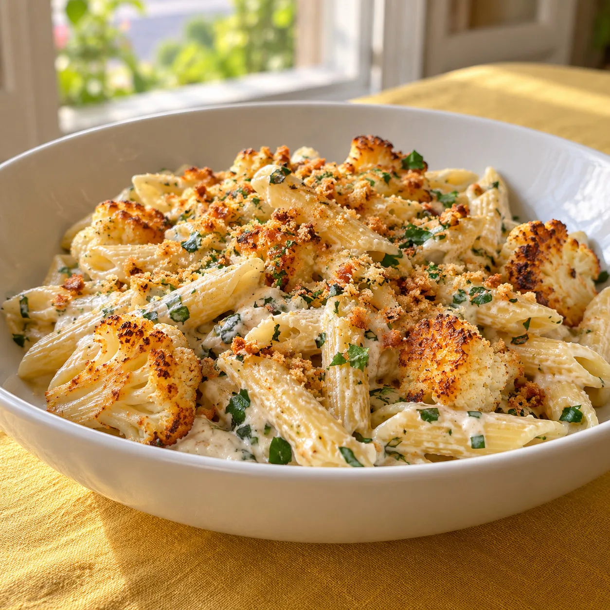 Penne com couve-flor dourada e creme de ricota ao limão