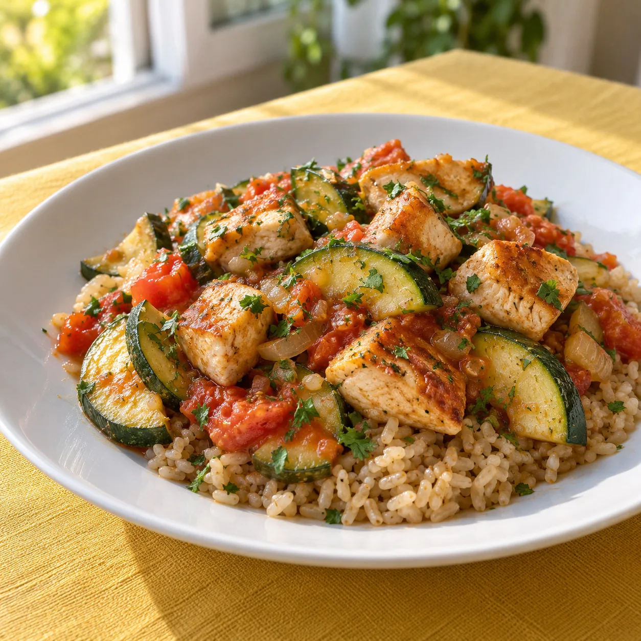 Frango dourado com abobrinha e tomate sobre arroz integral
