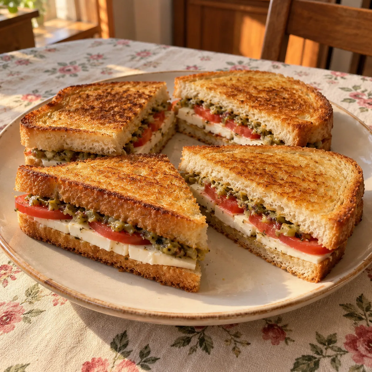 Sanduíche dourado de queijo minas com tomate e pasta de azeitona