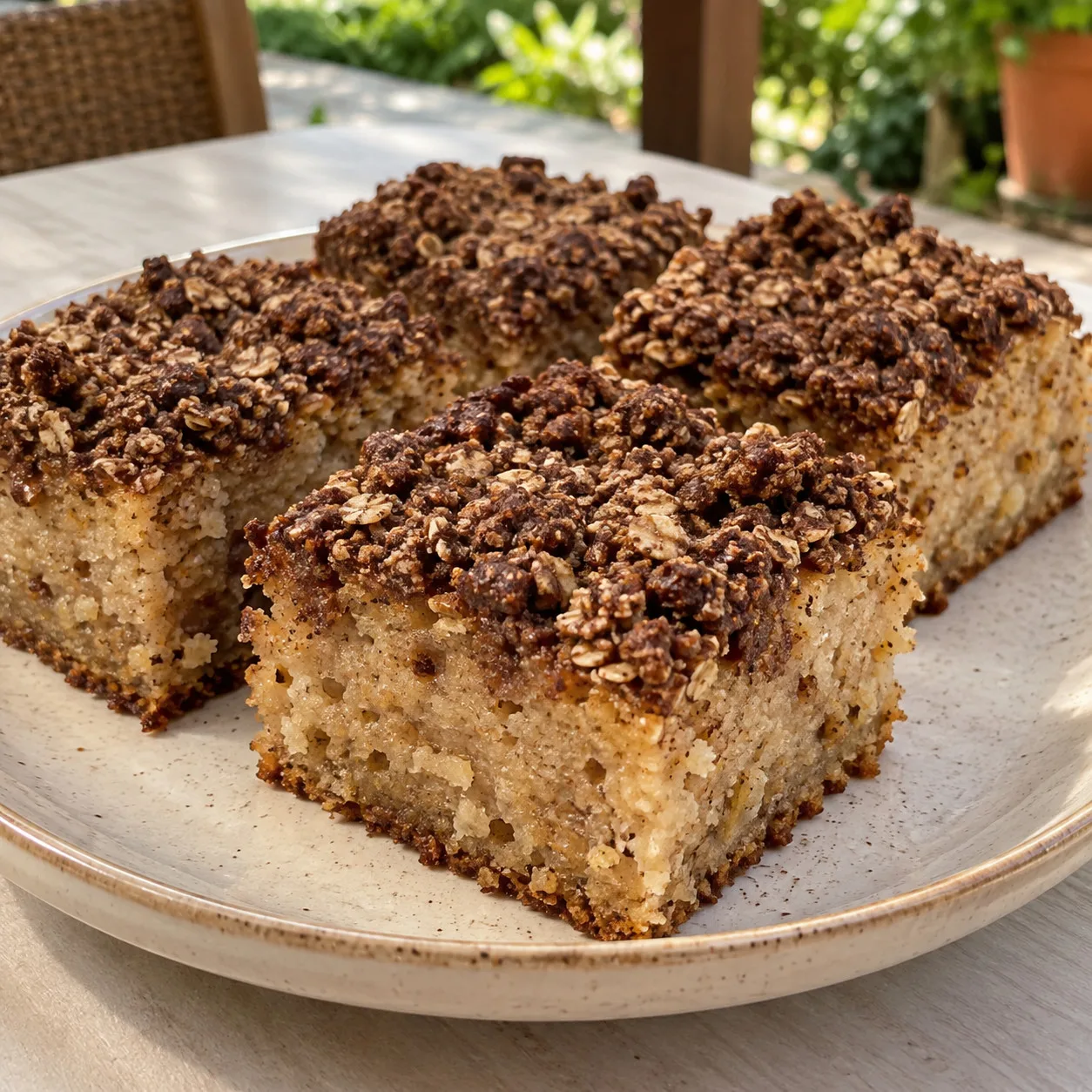 Quadrados de aveia com banana e farofa de cacau