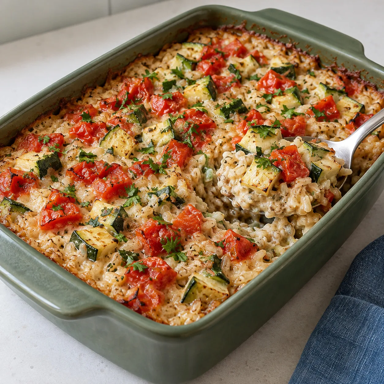 Arroz integral de forno com creme de couve-flor e abobrinha