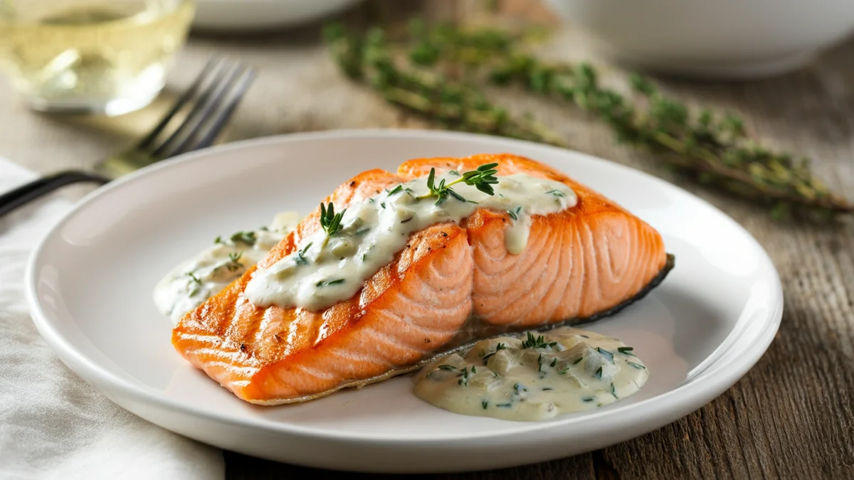 Salmão Grelhado com Molho Cremoso de Tomilho e Vinho Branco