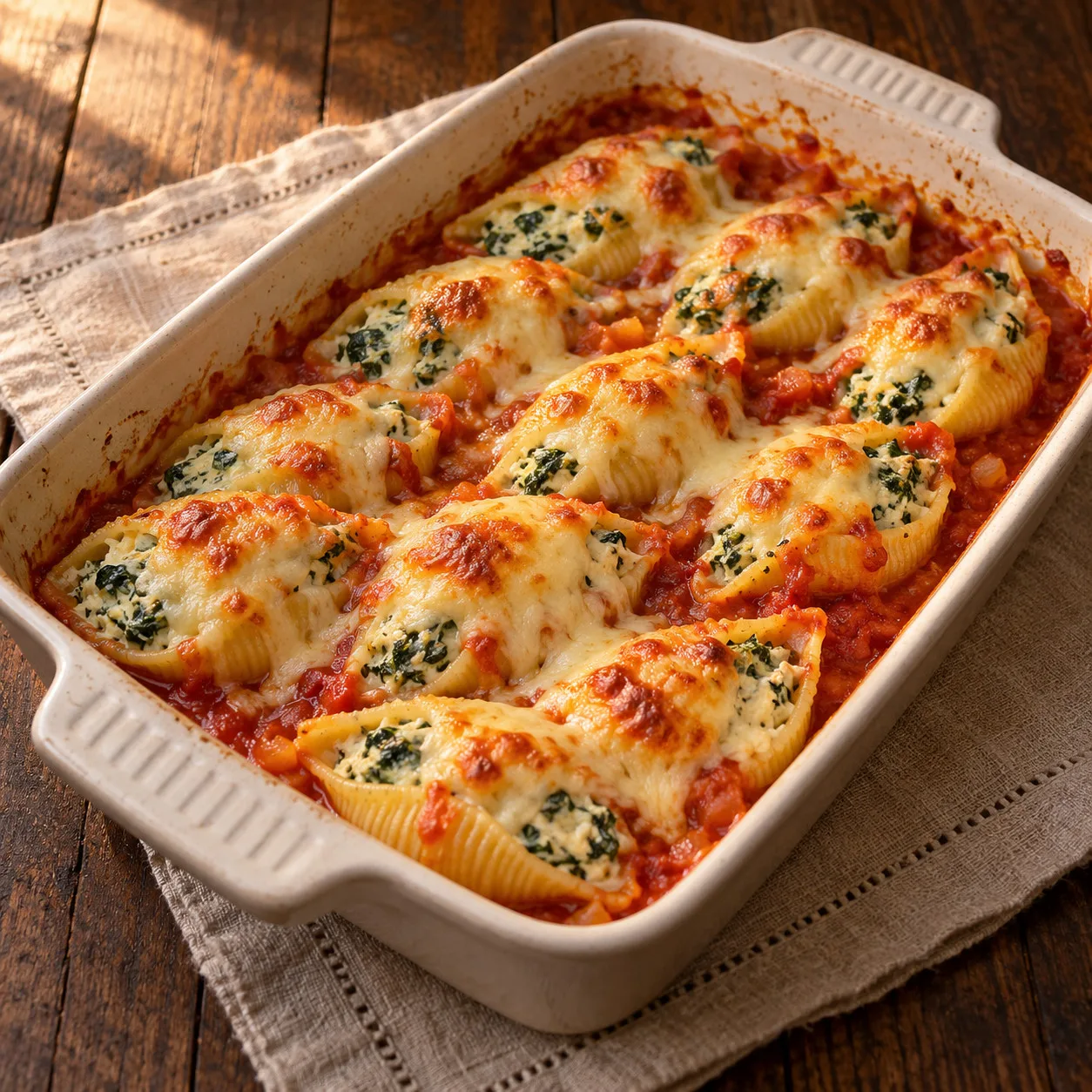Conchiglione recheado com ricota e espinafre ao molho de tomate