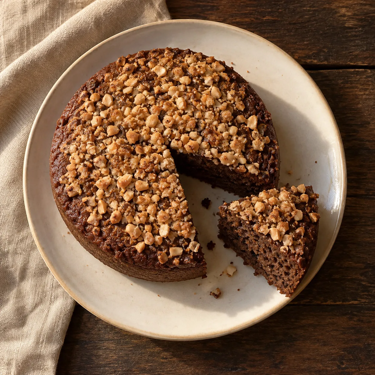Bolo de banana com cacau e cobertura crocante de amendoim