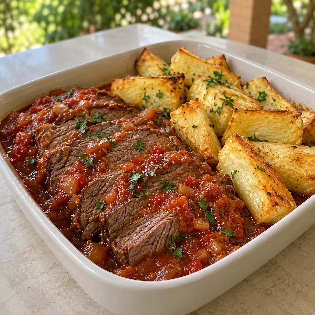 Maminha de panela com molho de tomate e mandioca dourada