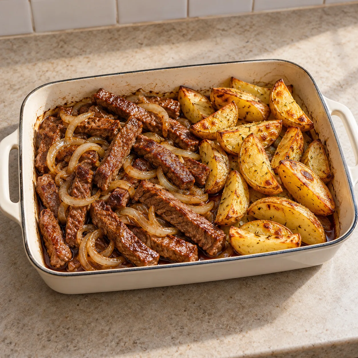 Tiras de contrafilé com cebola ao balsâmico e batatas com alecrim
