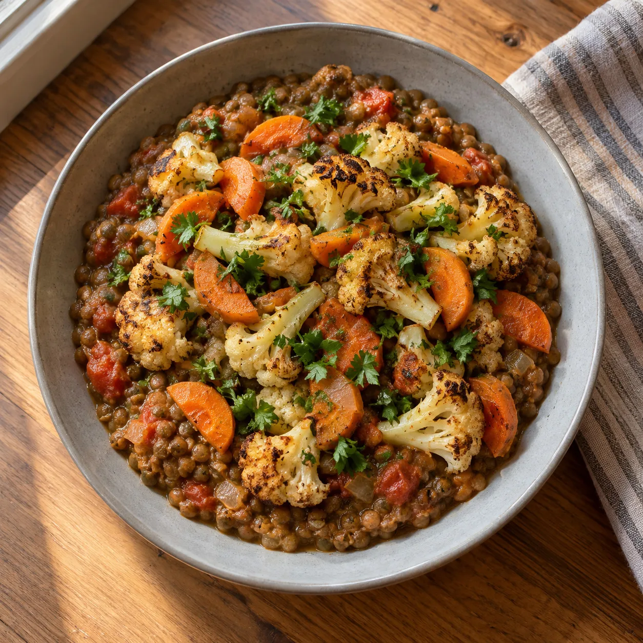 Lentilha cremosa com couve-flor dourada e cenoura
