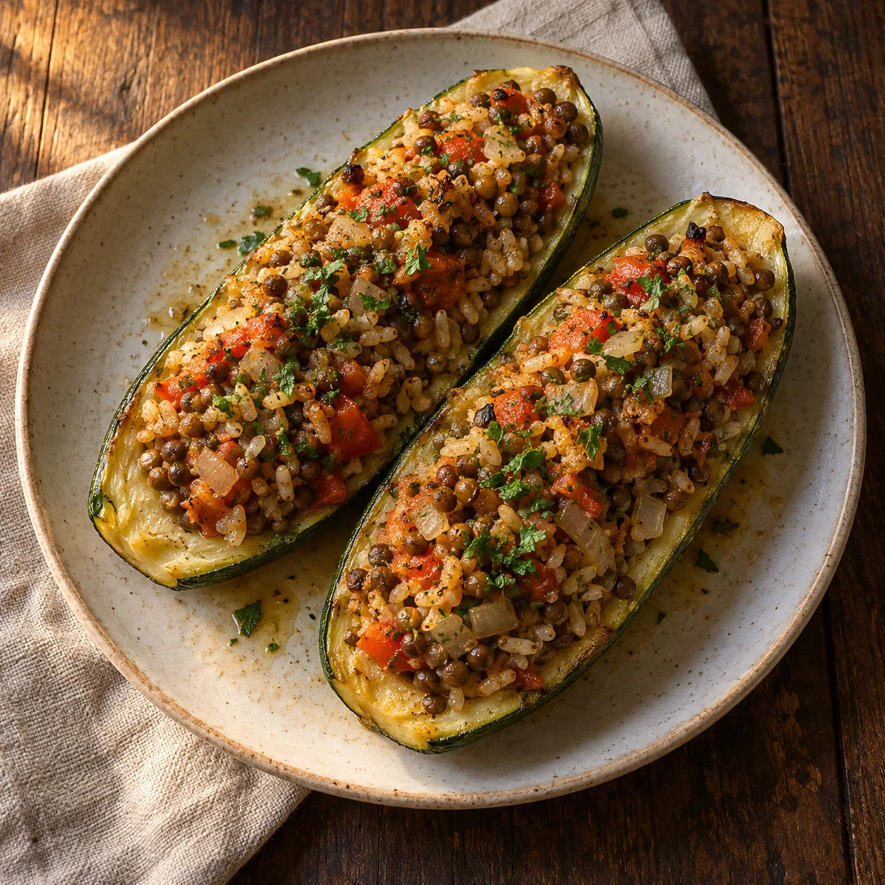 Abobrinhas recheadas com lentilha e arroz ao tomate