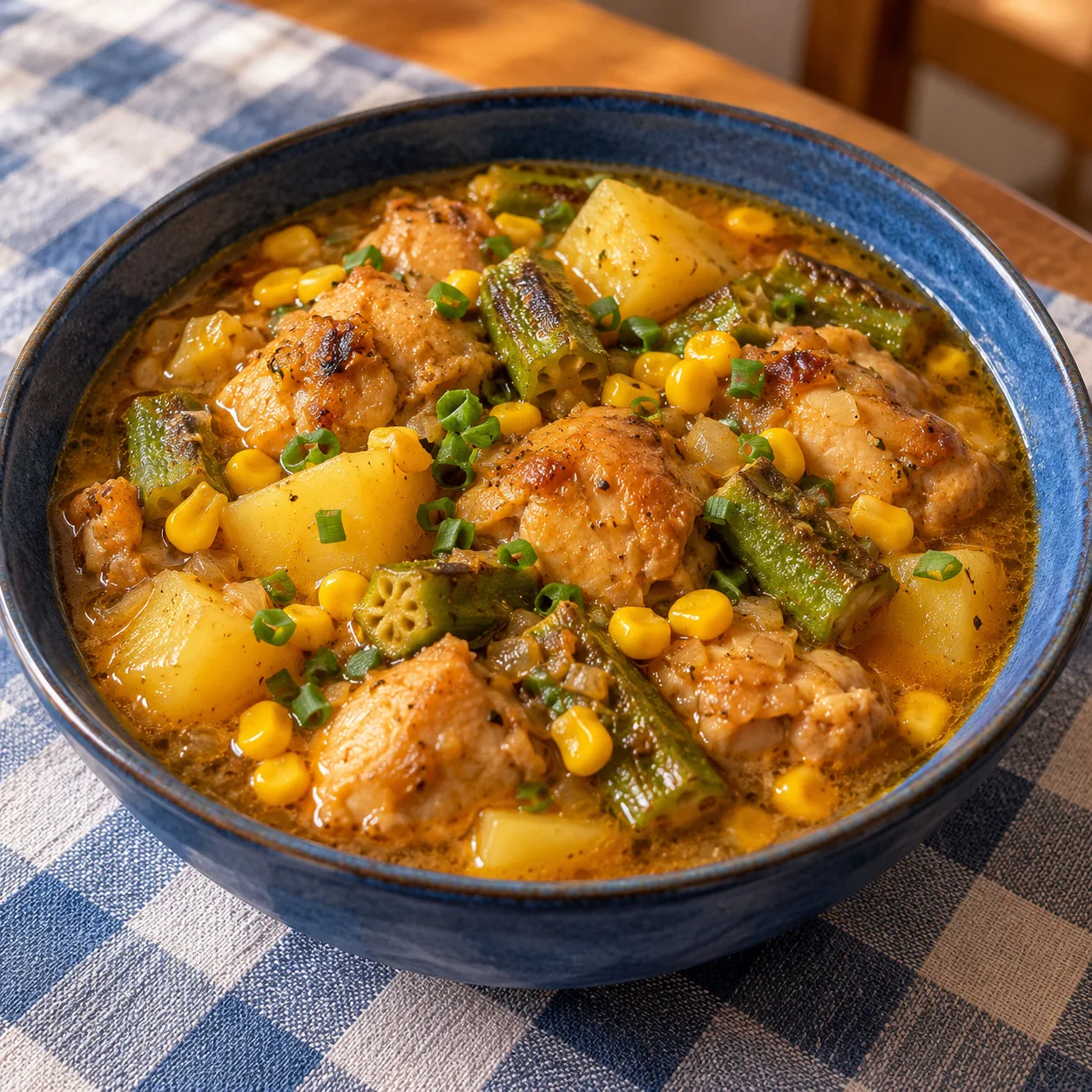 Frango de panela com milho, quiabo dourado e batatas