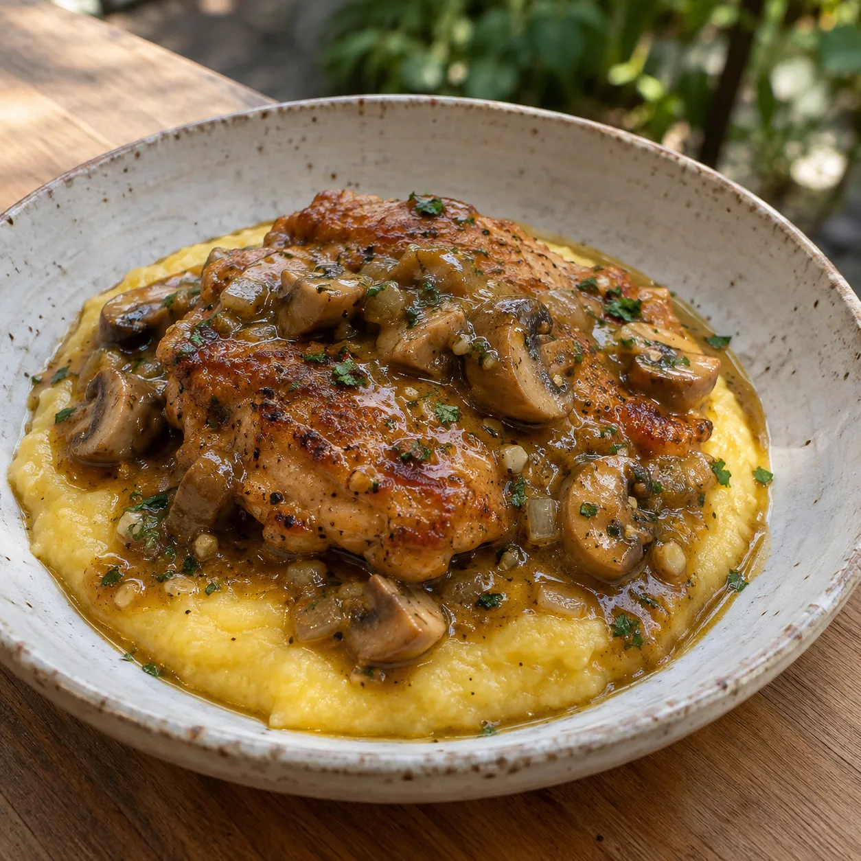 Sobrecoxa dourada com cogumelos e polenta cremosa
