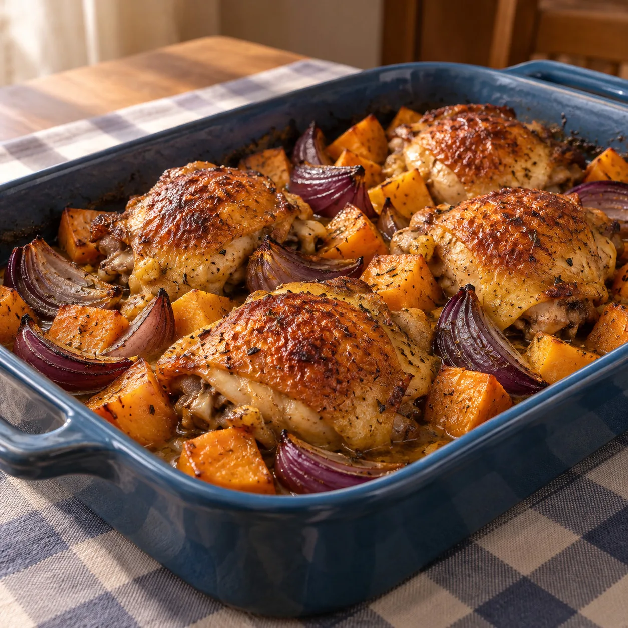Sobrecoxas de frango assadas com laranja, batata-doce e cebola-roxa
