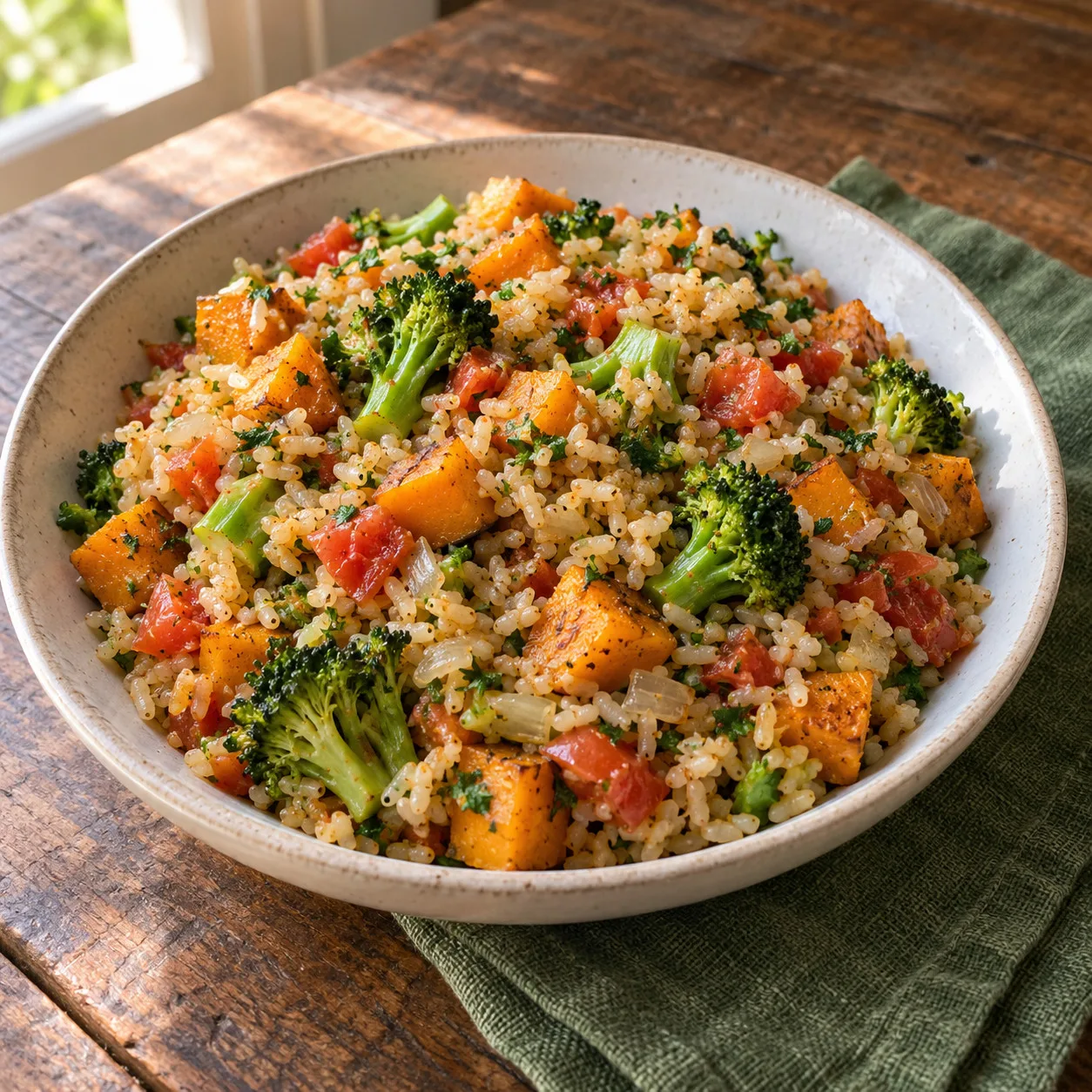 Arroz de frigideira com abóbora dourada e brócolis
