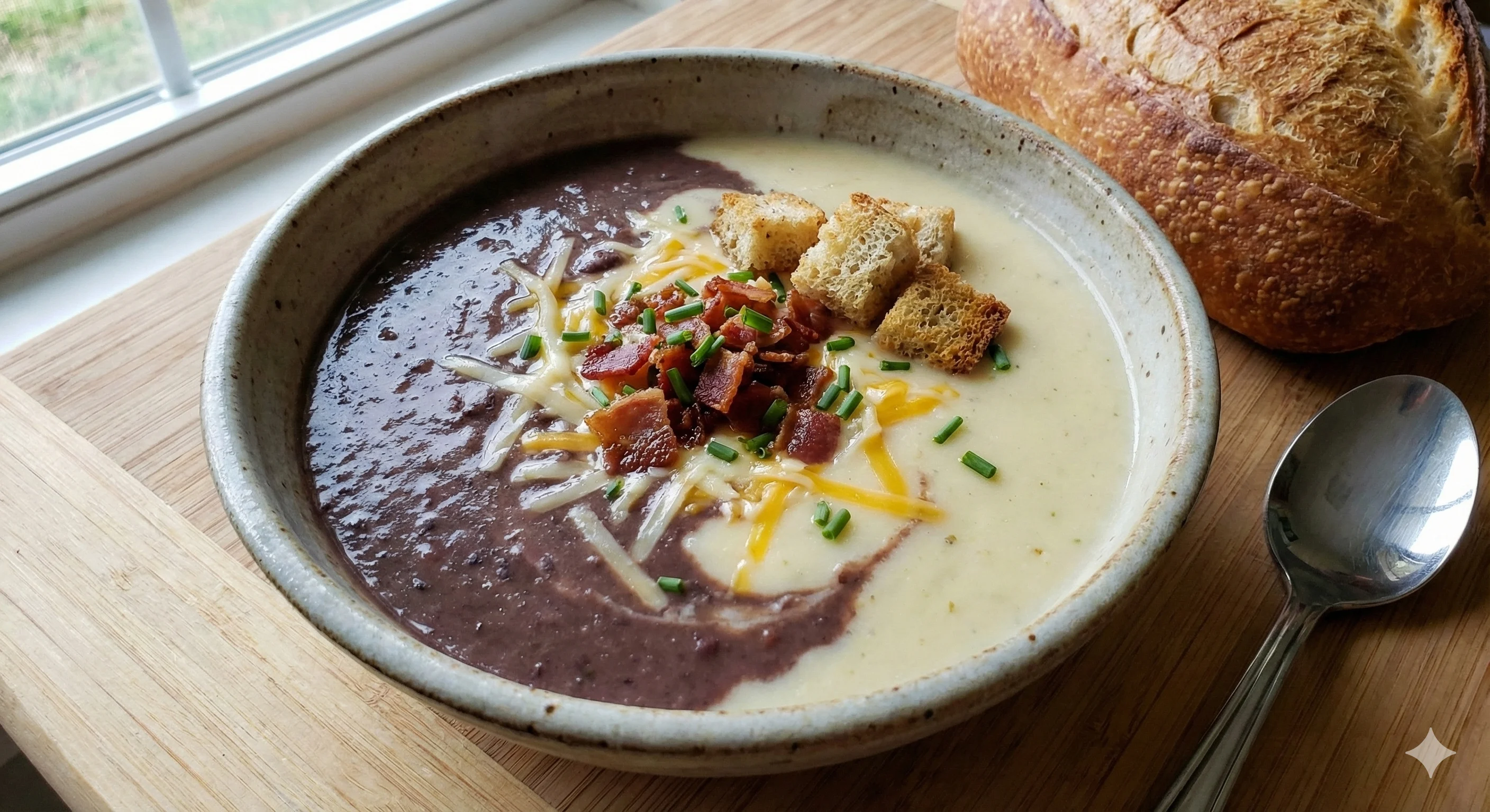Sopa Bicolor de Feijão com Creme de Queijo Cremoso
