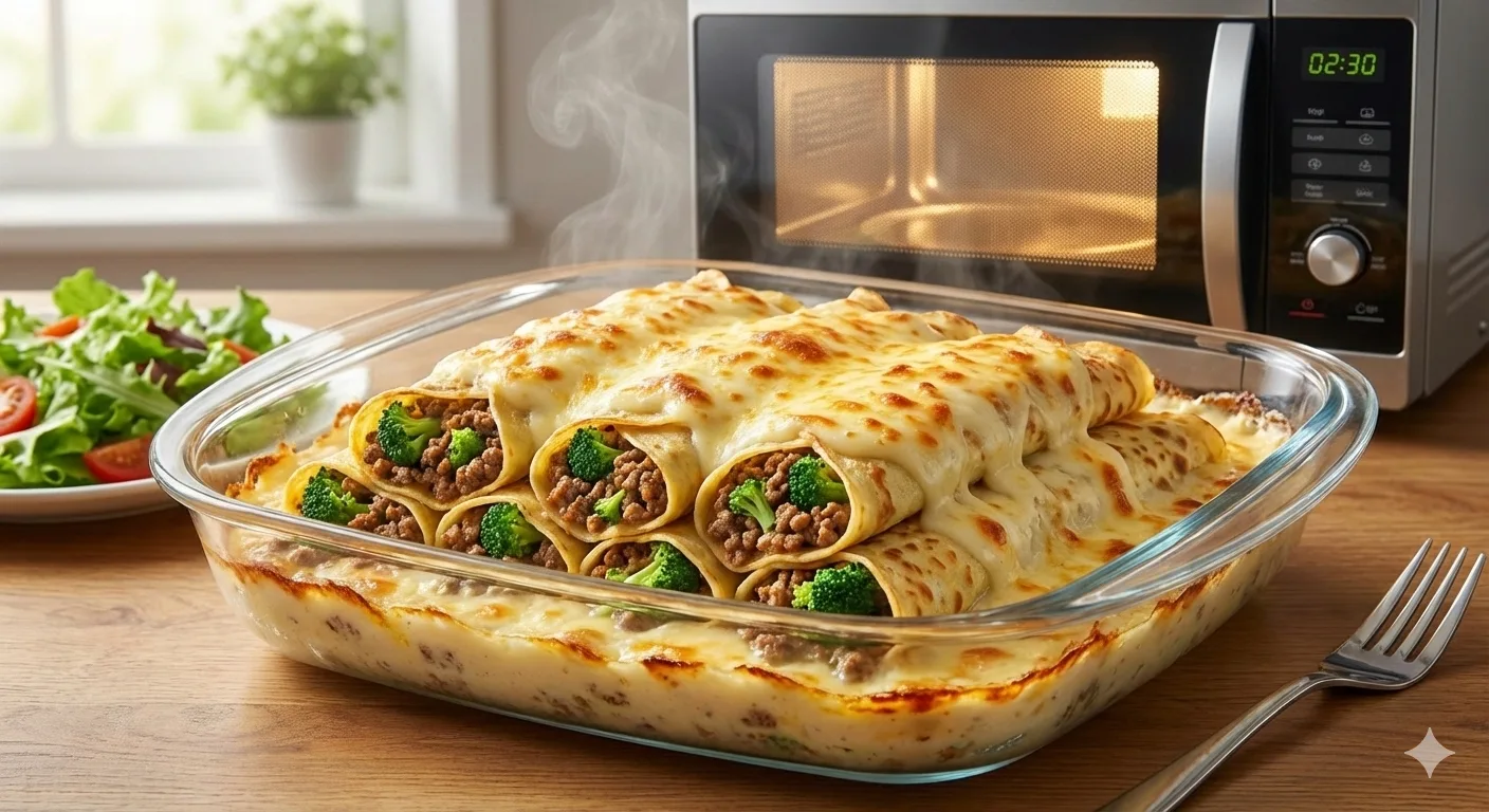 Panquecas de Carne Moída, Brócolis e Bechamel no Micro-ondas