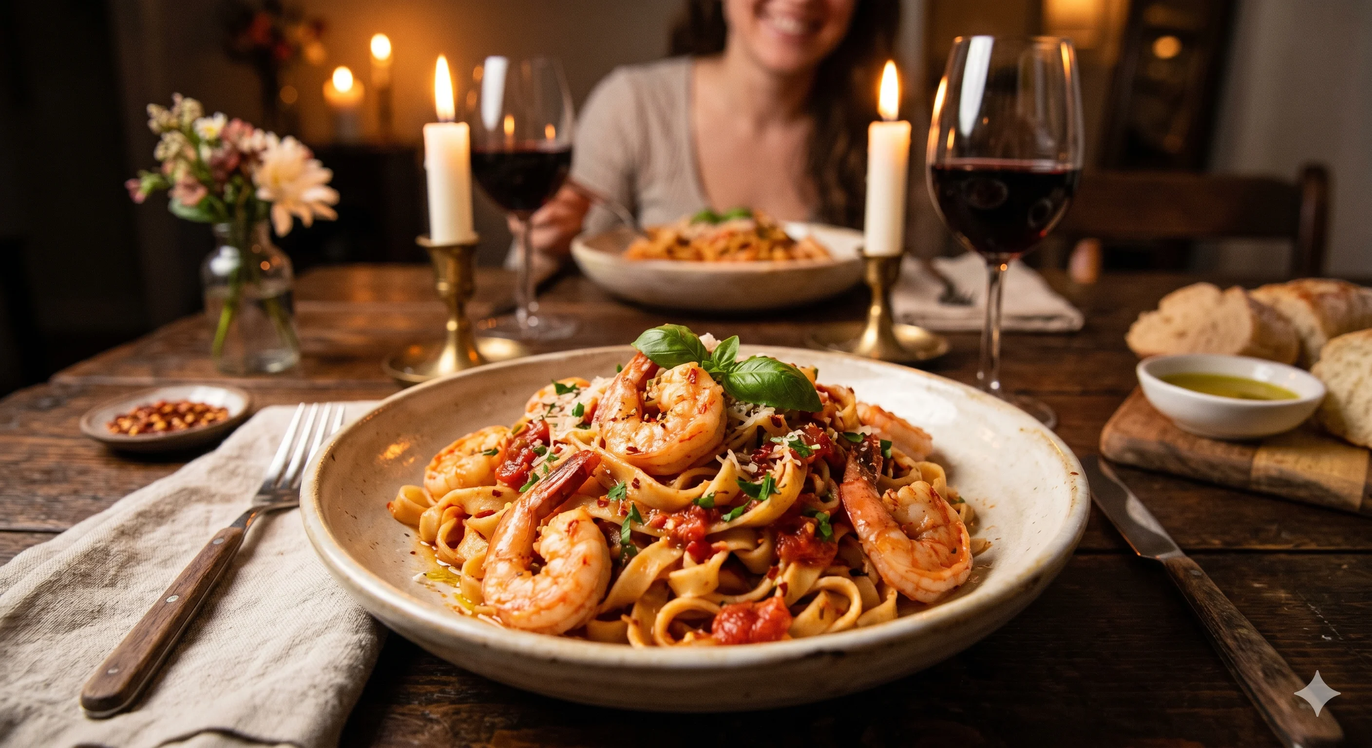 Fettuccine Artesanal com Camarões ao Molho Arrabbiata