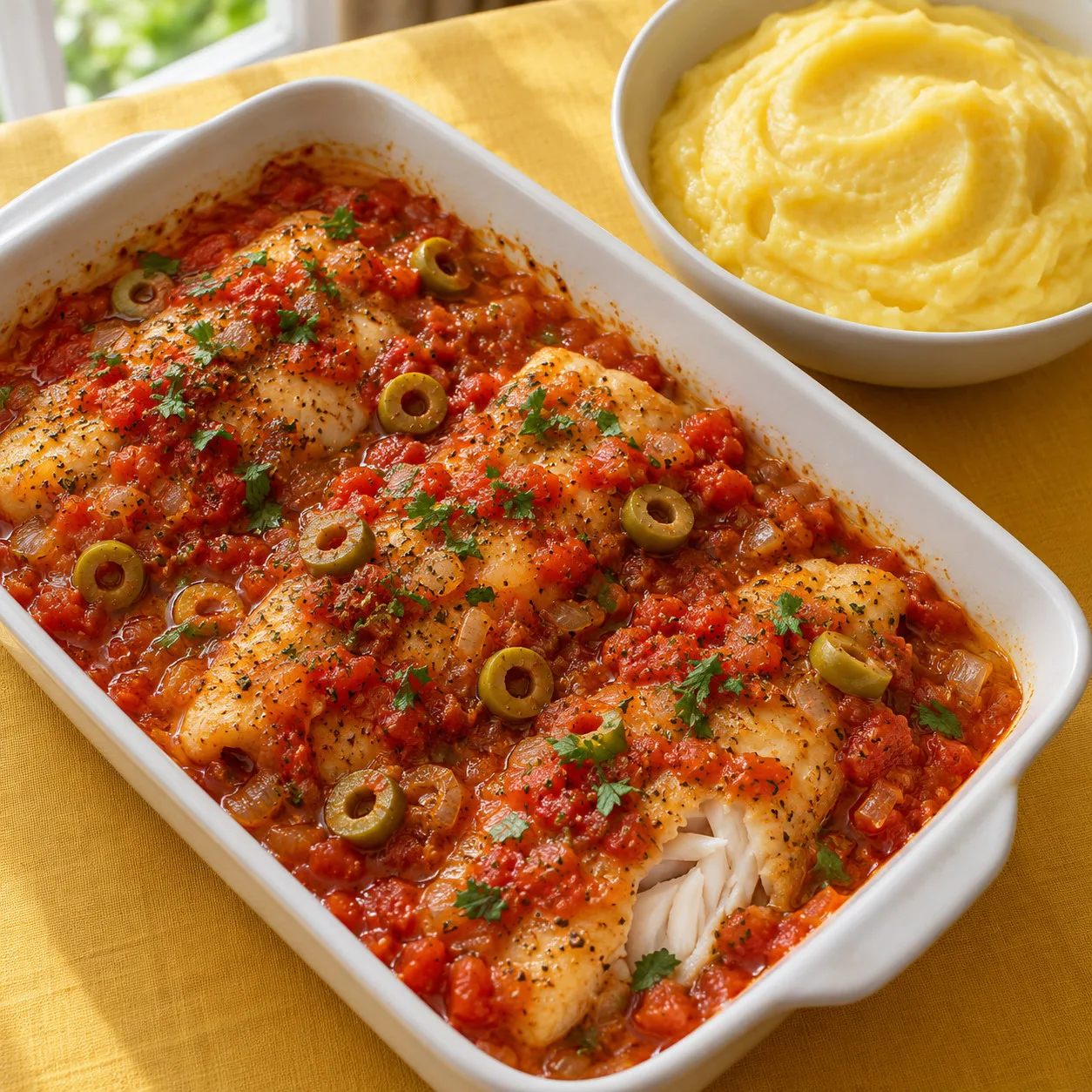 Travessa de tilápia ao molho de tomate com azeitonas e purê de mandioquinha