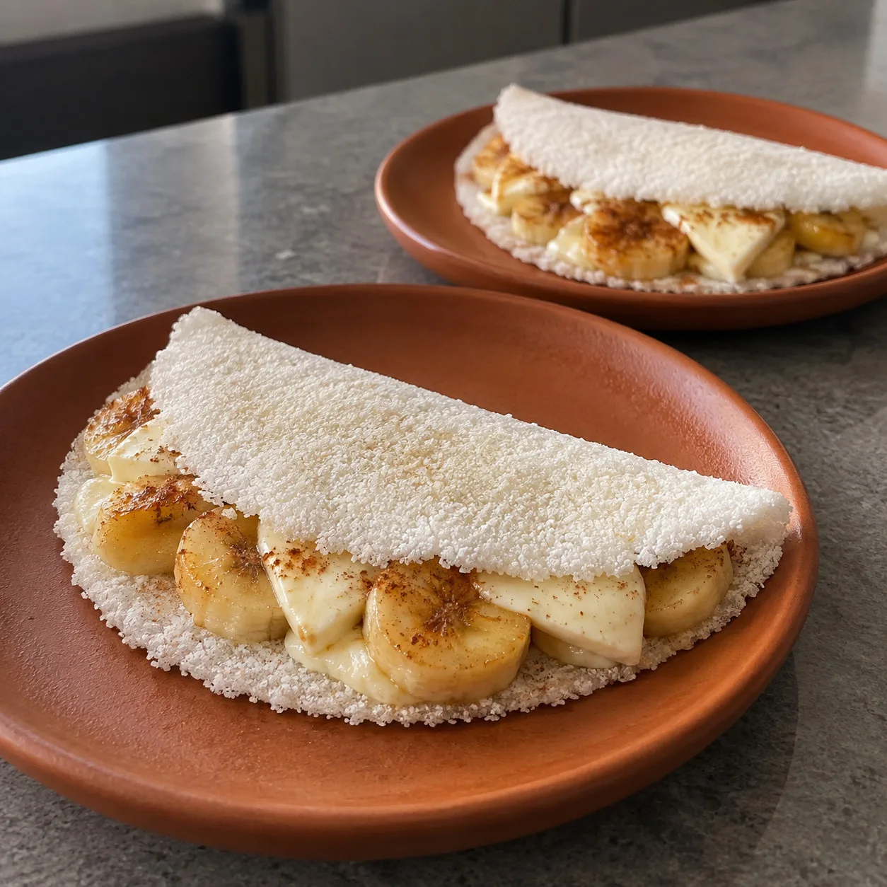 Tapioca dobrada com banana dourada e queijo minas