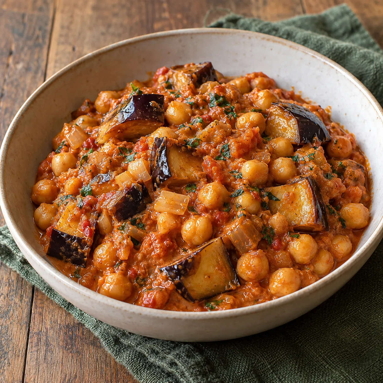 Grão-de-bico com berinjela dourada e molho de tomate e amendoim