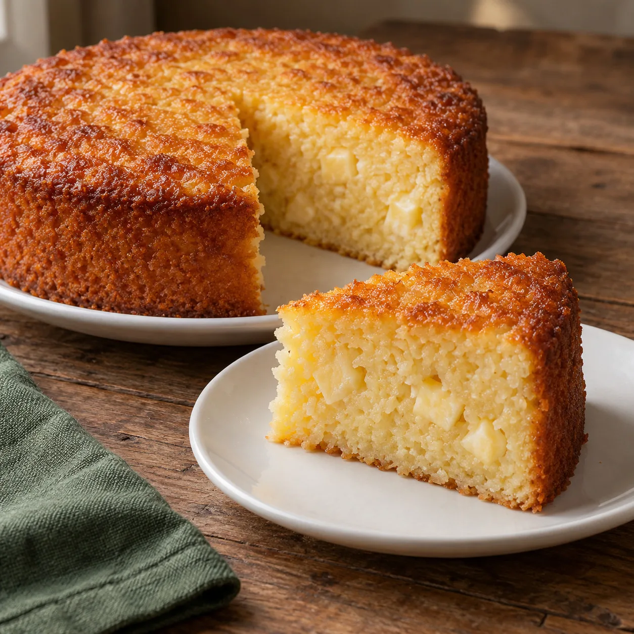 Bolo de mandioca com coco e pedacinhos de queijo