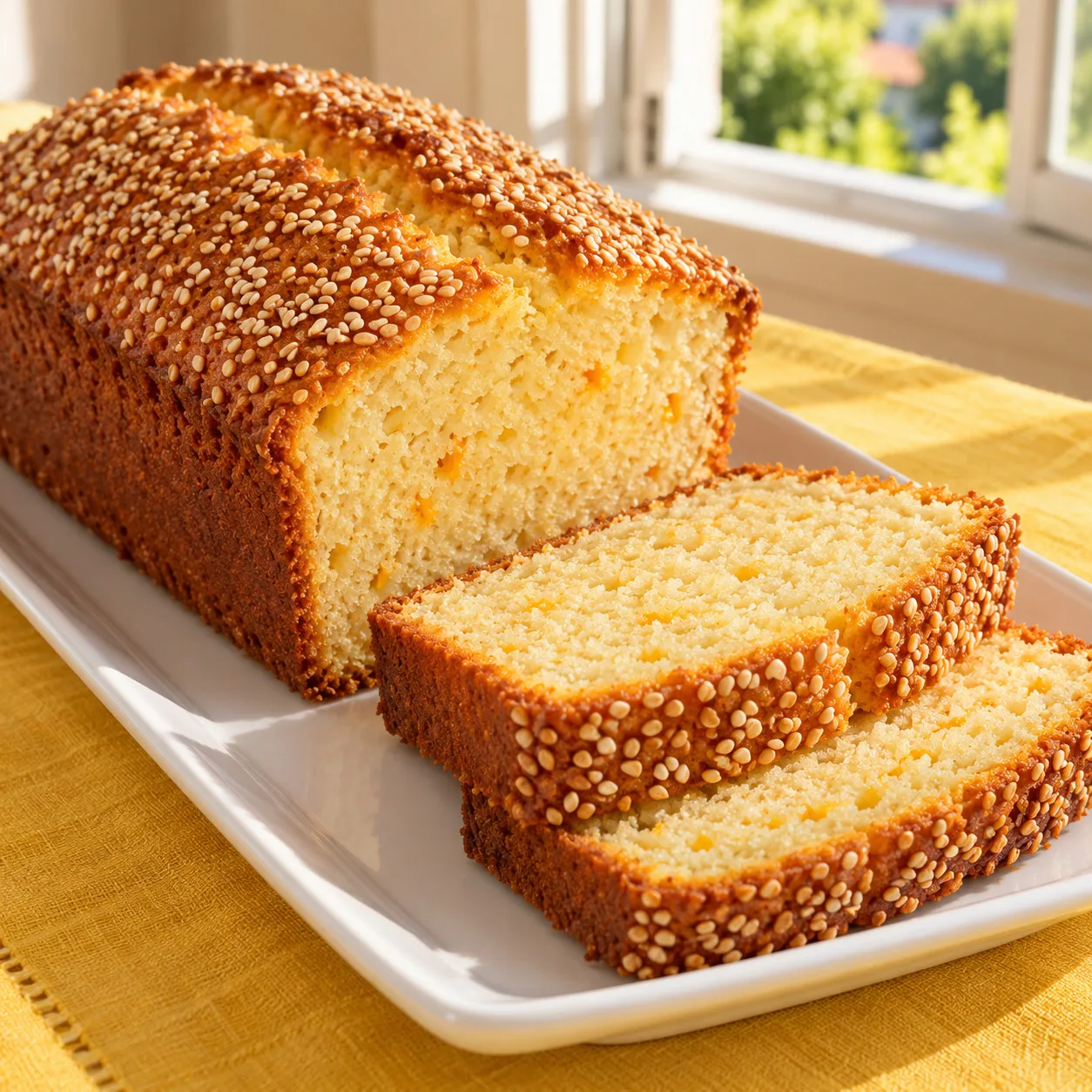 Bolo de iogurte com raspas de laranja e crosta de gergelim