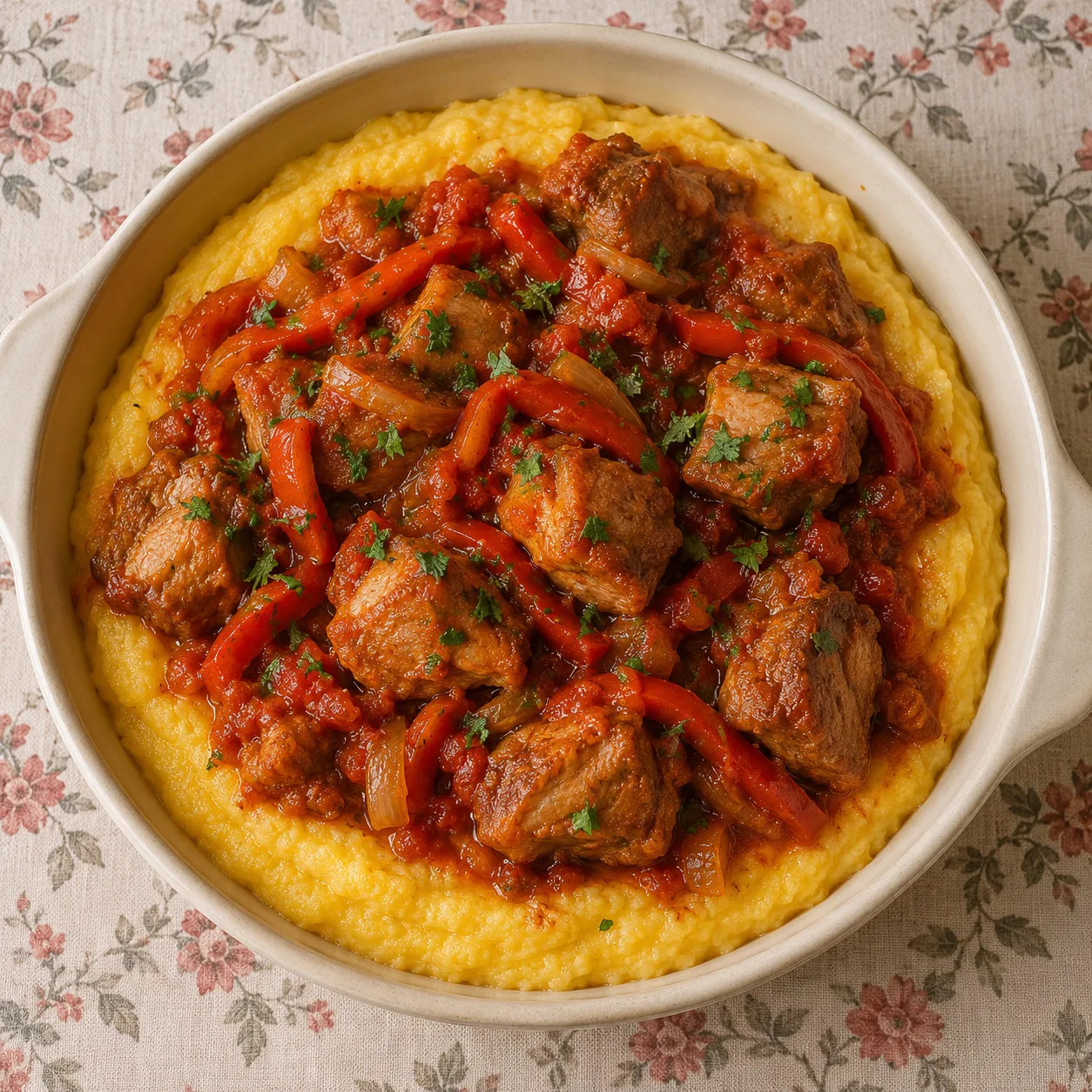 Pernil de panela com pimentão e polenta de queijo
