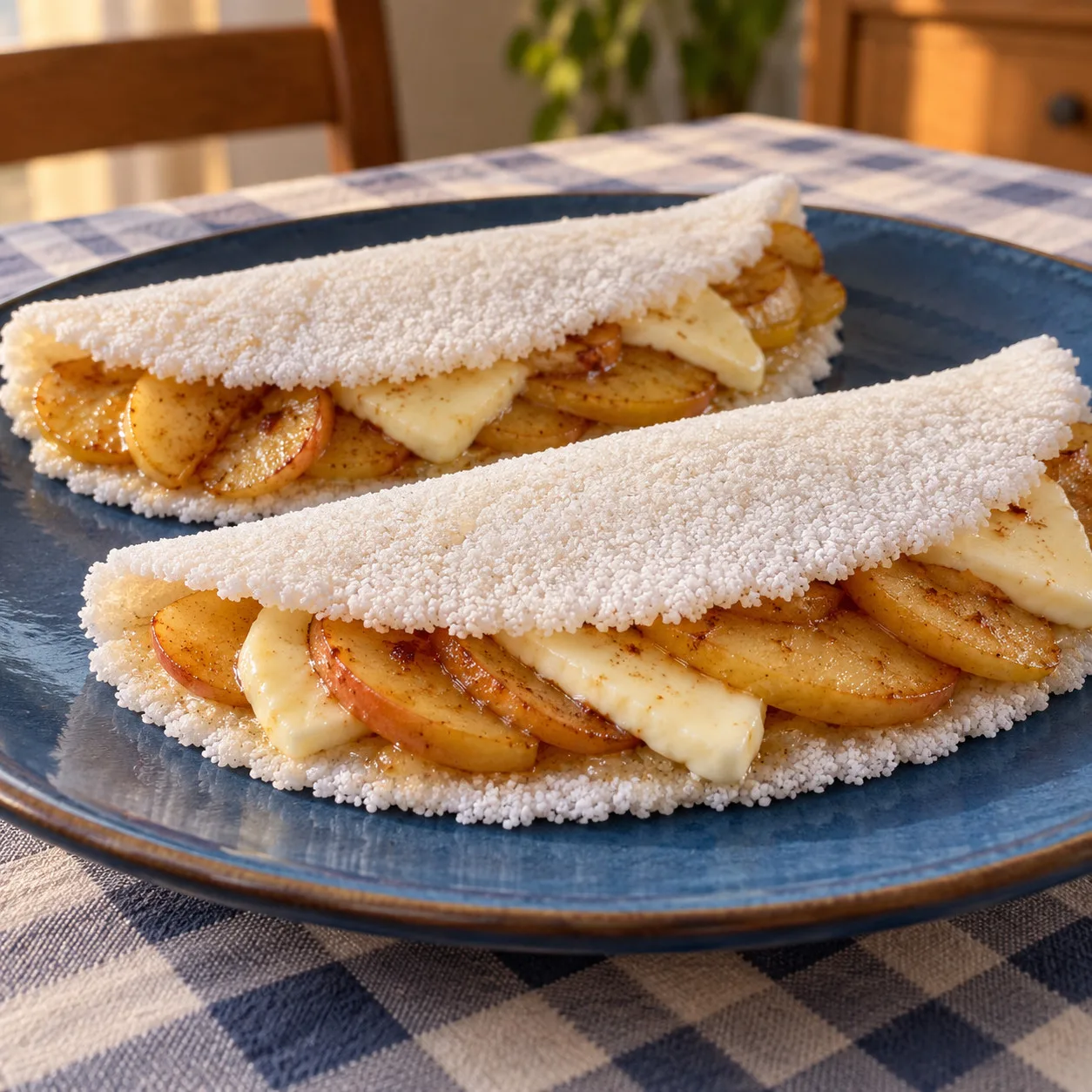 Tapioca de maçã dourada com queijo minas e canela