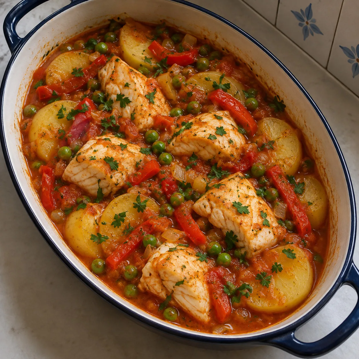Pescada de panela com batatas, ervilhas e molho de tomate