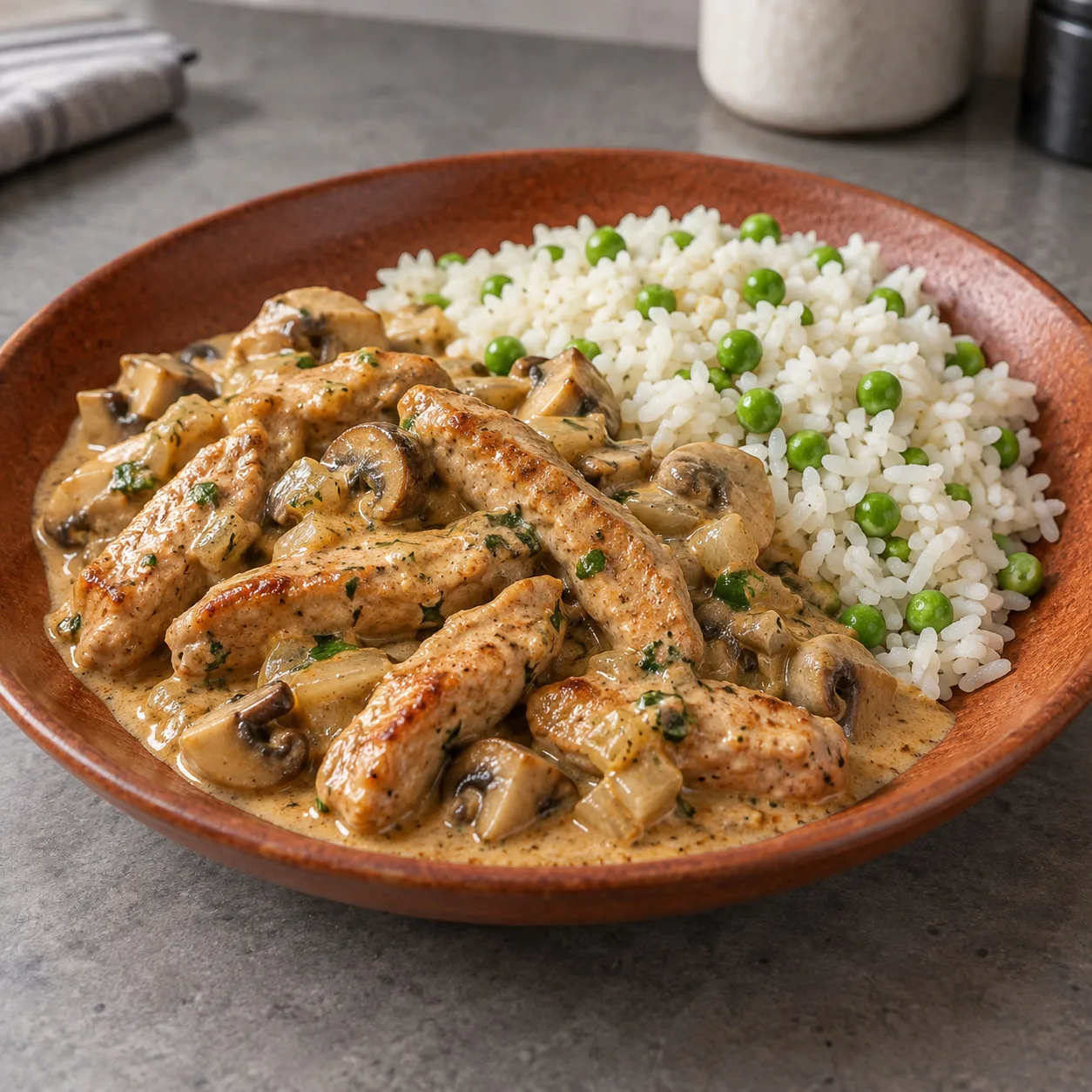 Tiras de lombo suíno com cogumelos e arroz de ervilhas