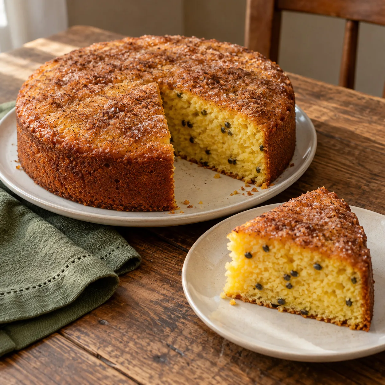 Bolo de maracujá com iogurte e açúcar de canela