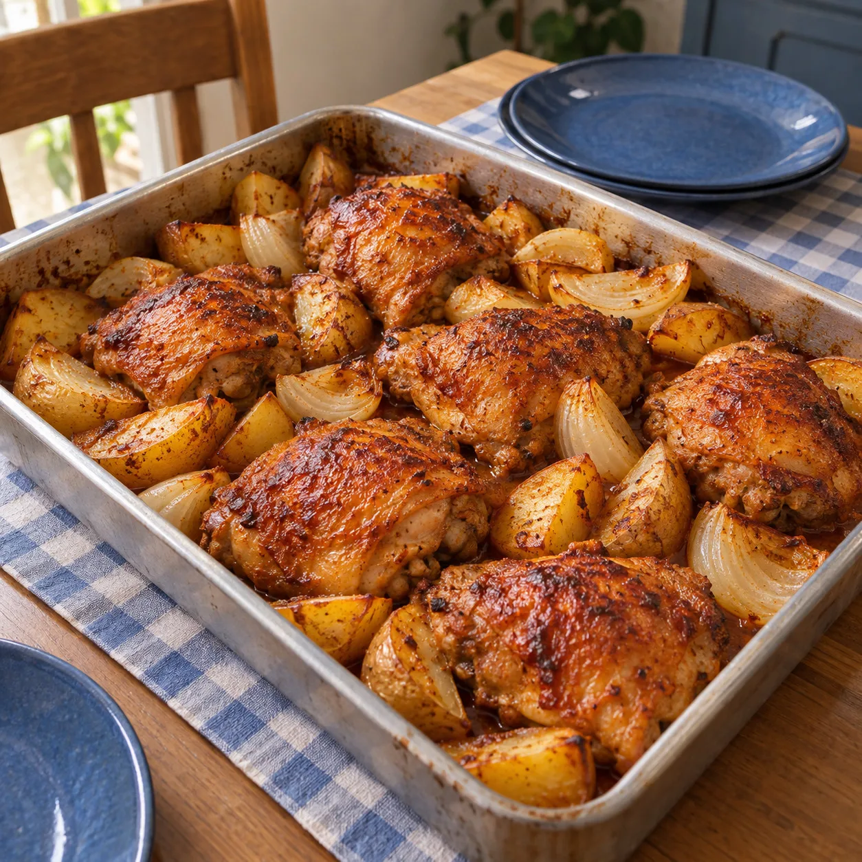 Frango assado com batatas e cebola ao molho de colorau