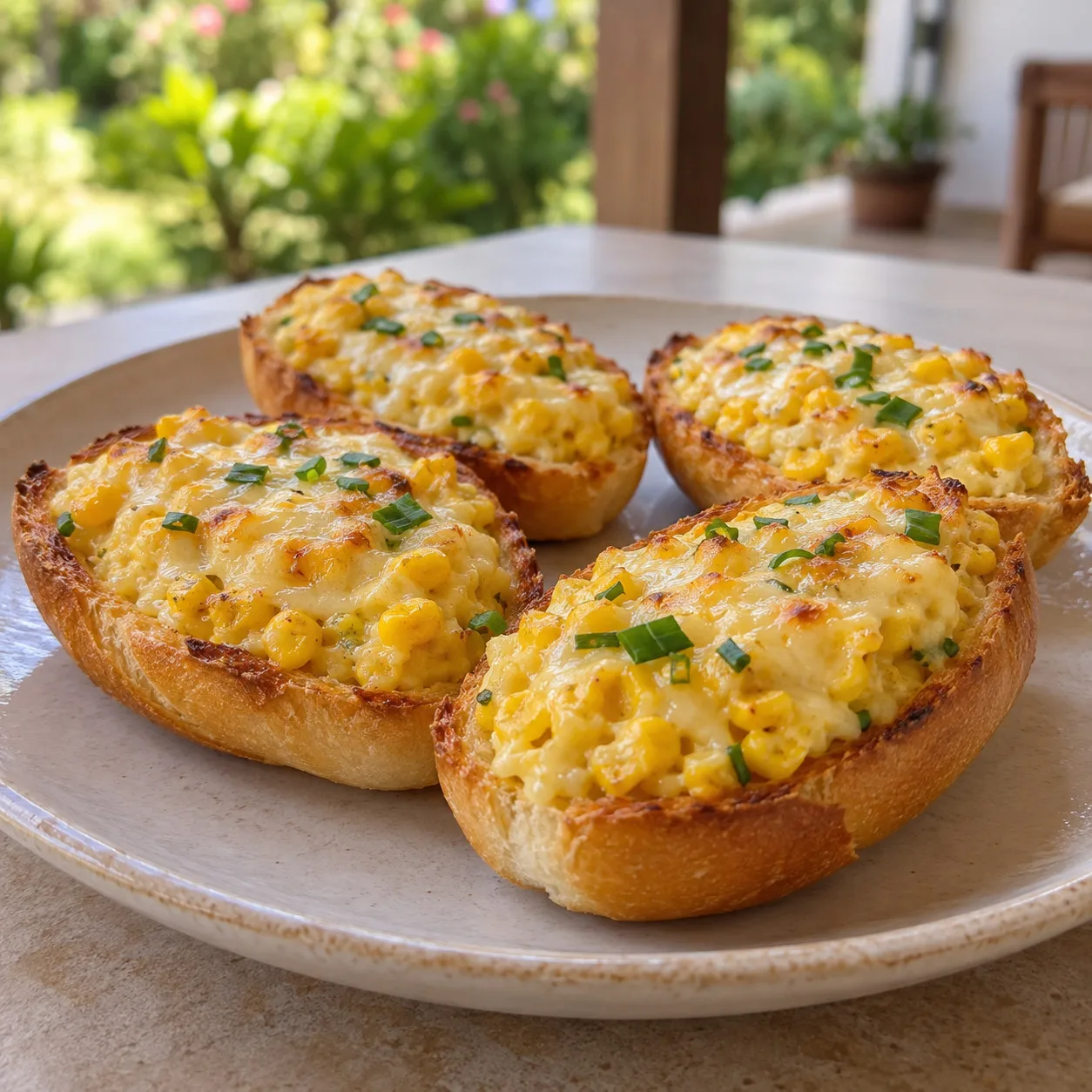 Tostadas de pão francês com creme de milho e queijo