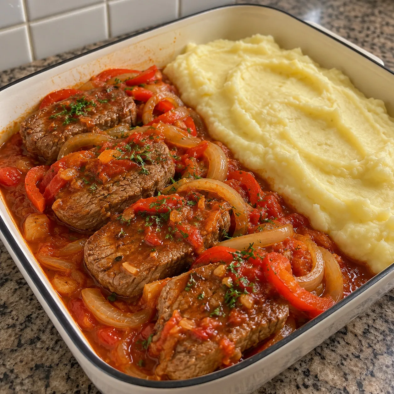 Bifes de alcatra ao molho de pimentão com purê de mandioca