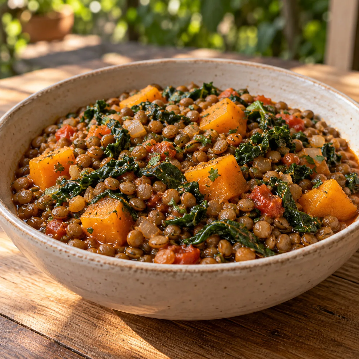 Lentilha com abóbora em cubos, couve e tomate de panela