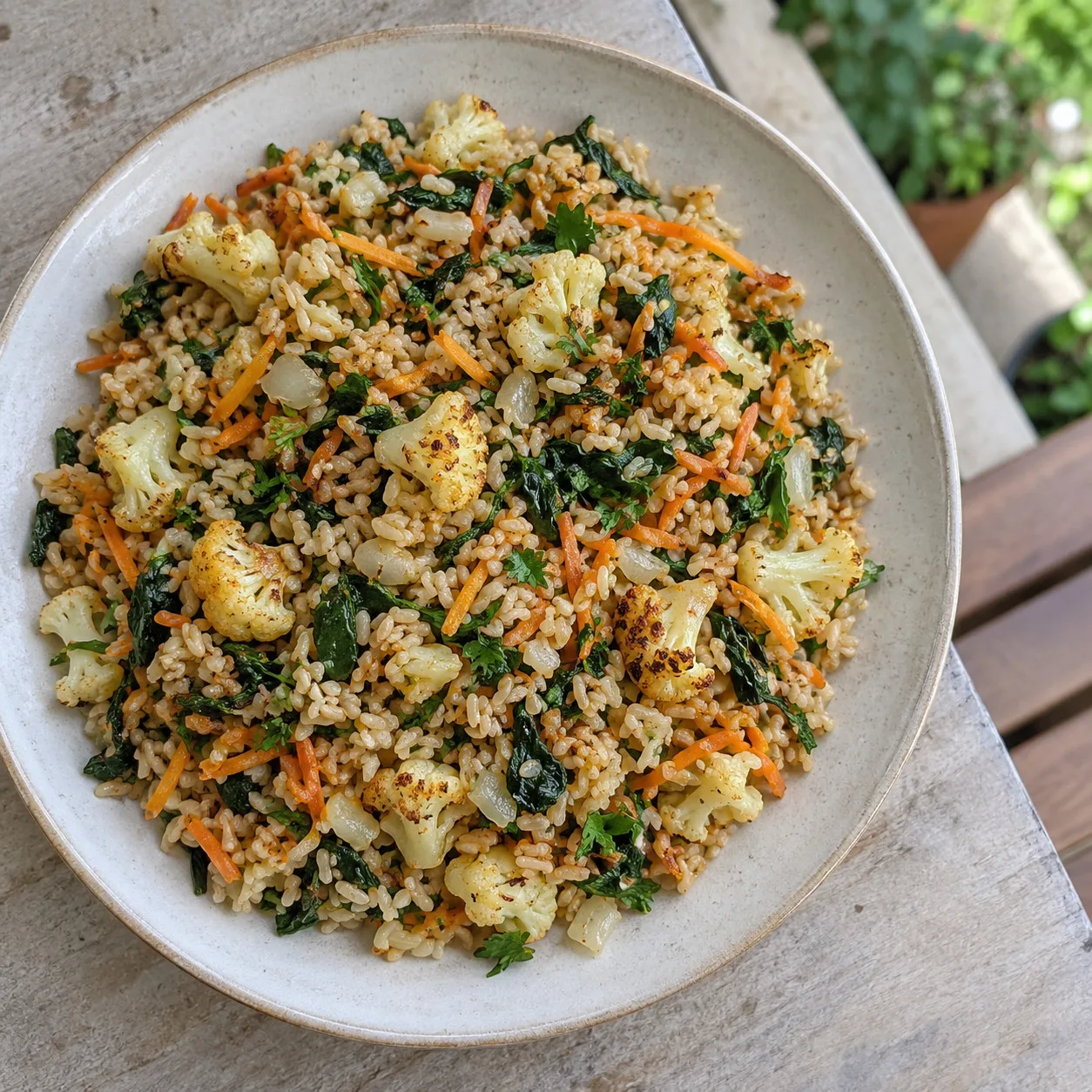 Arroz integral de frigideira com couve-flor tostada, cenoura e espinafre