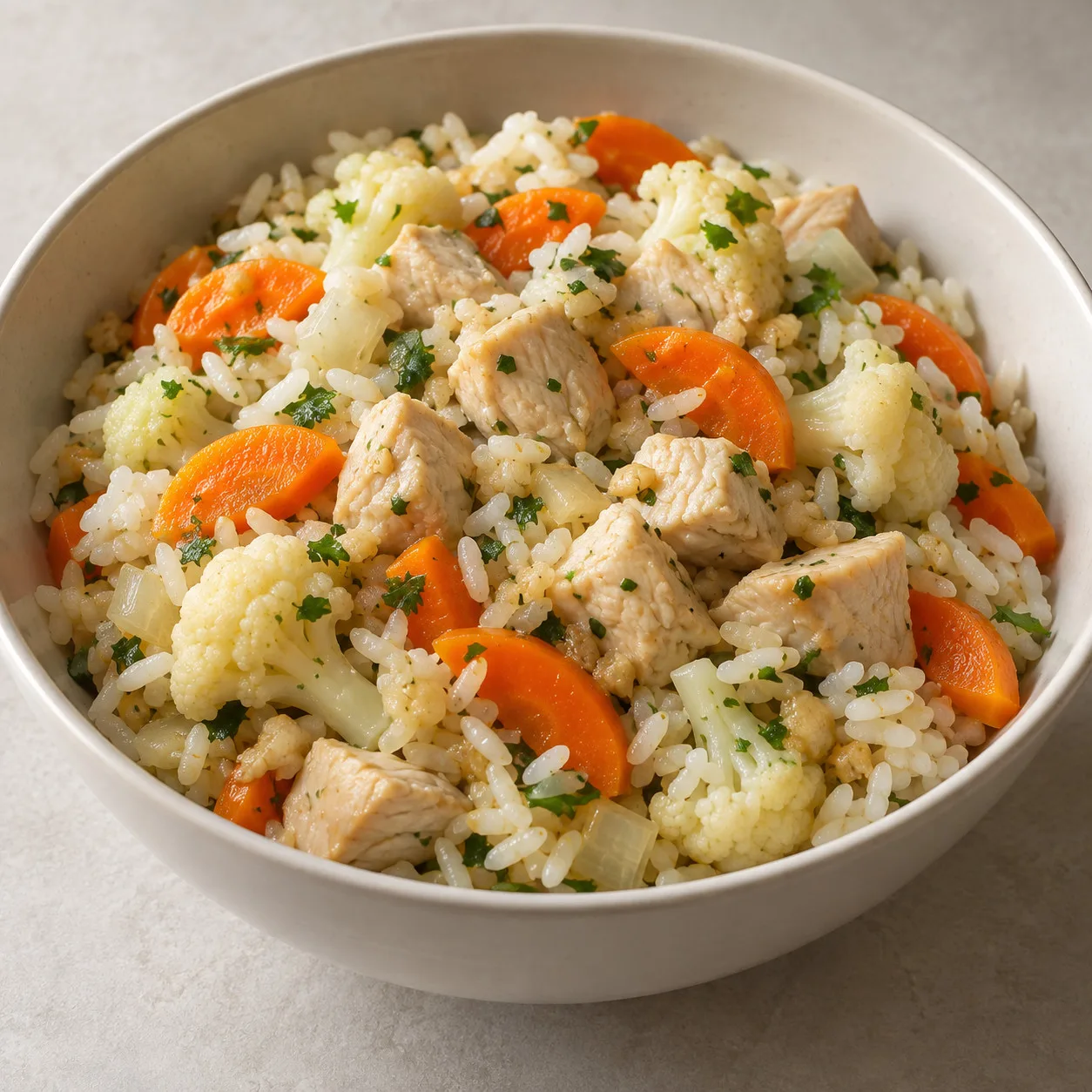 Frango com cenoura e couve-flor sobre arroz de salsa