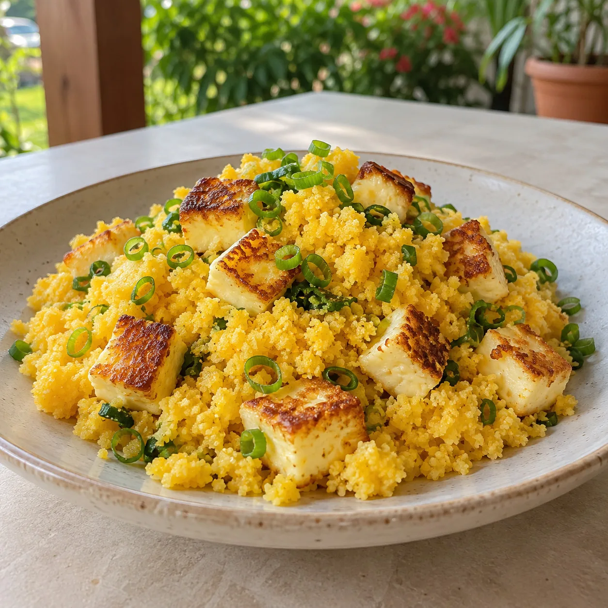 Cuscuz de milho com queijo coalho dourado e cebolinha