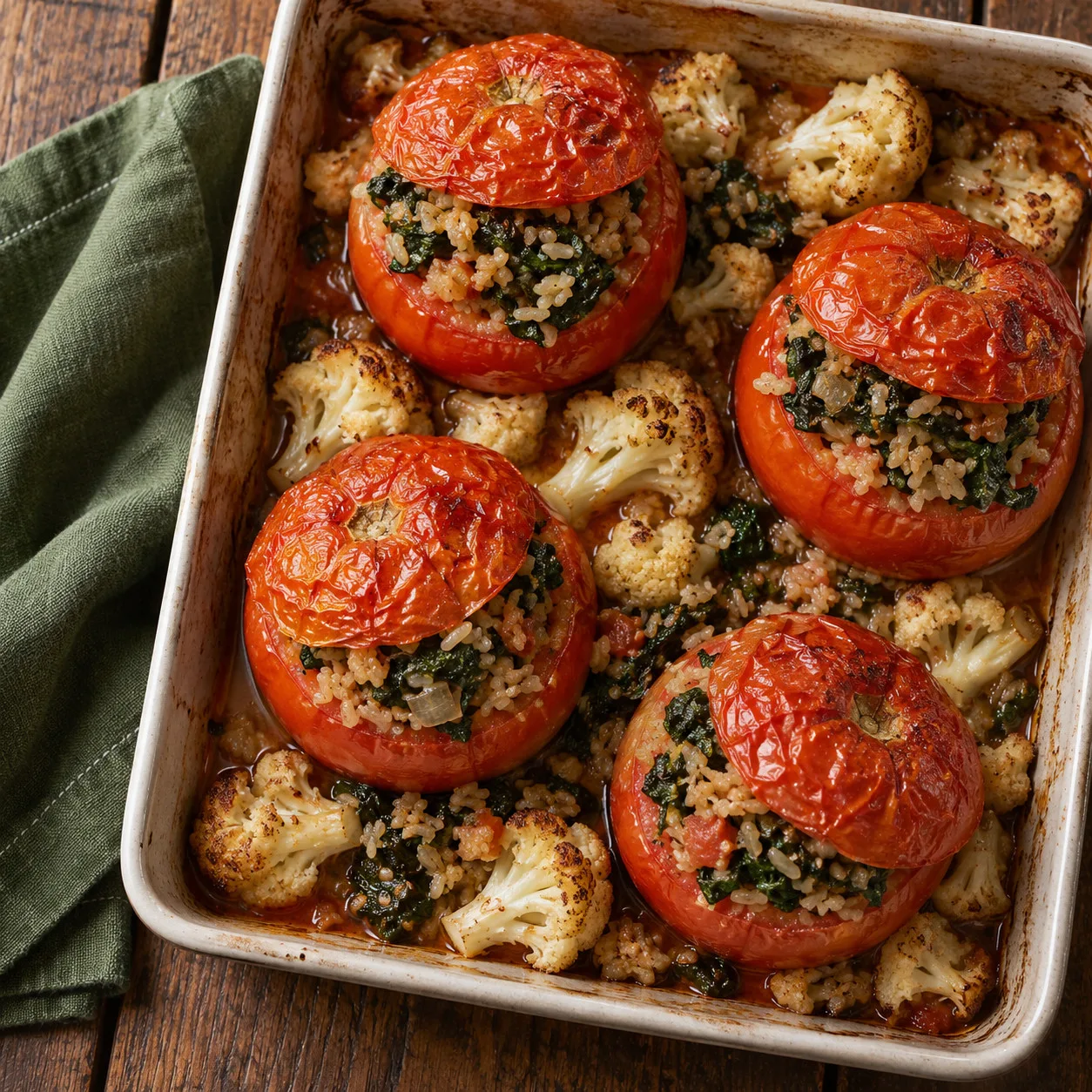 Tomates recheados com arroz e espinafre sobre couve-flor assada