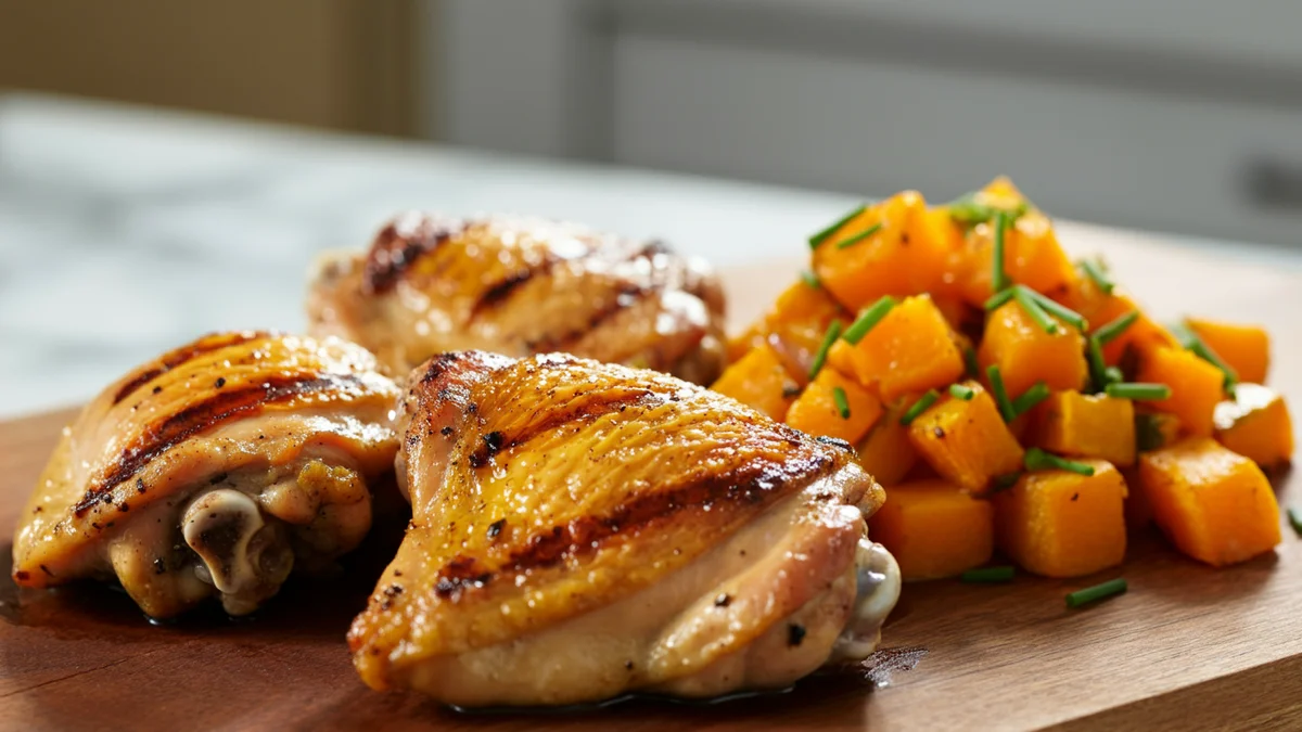 Sobrecoxa Grelhada Suculenta com Salteado de Abóbora