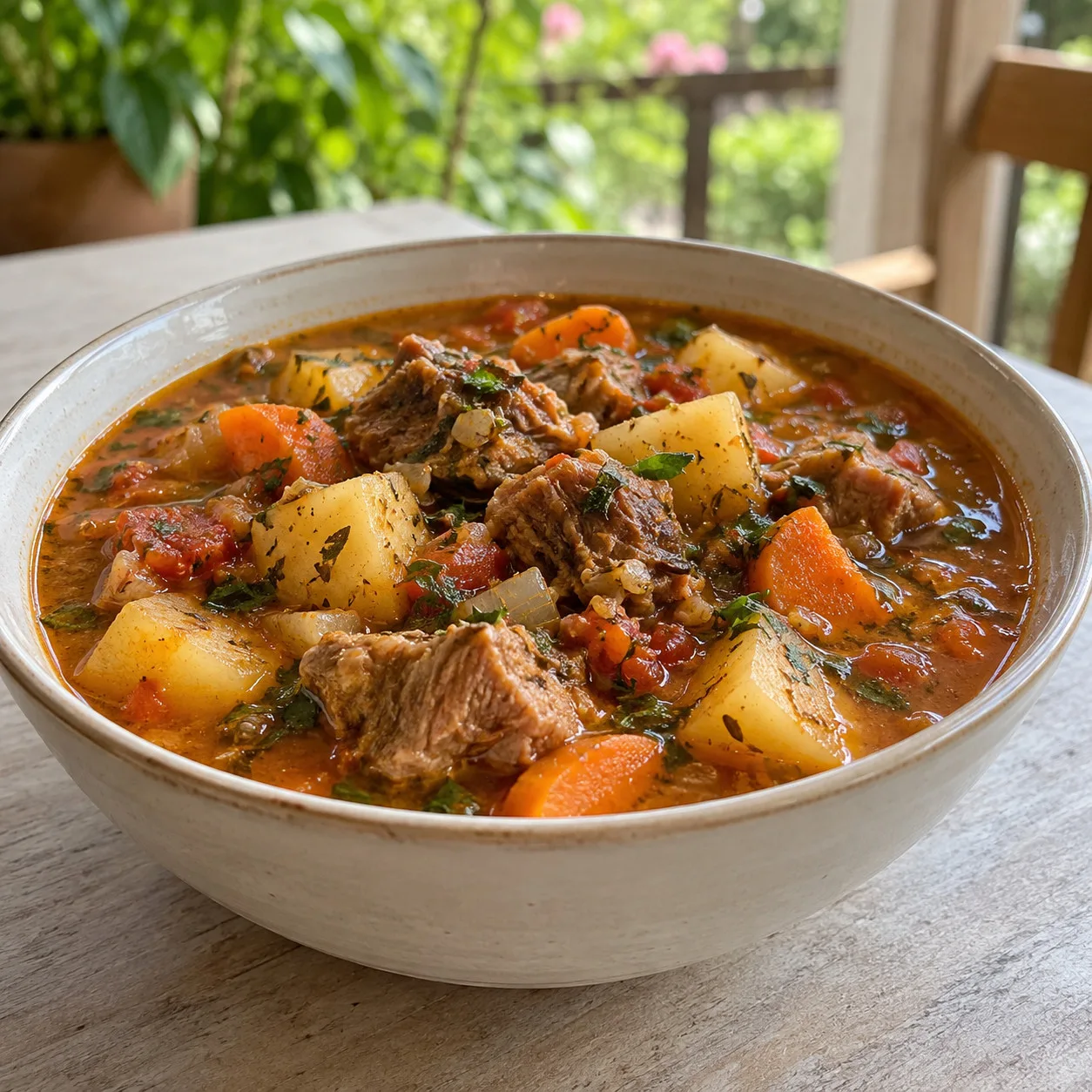 Sopa de cordeiro com batata, cenoura e hortelã