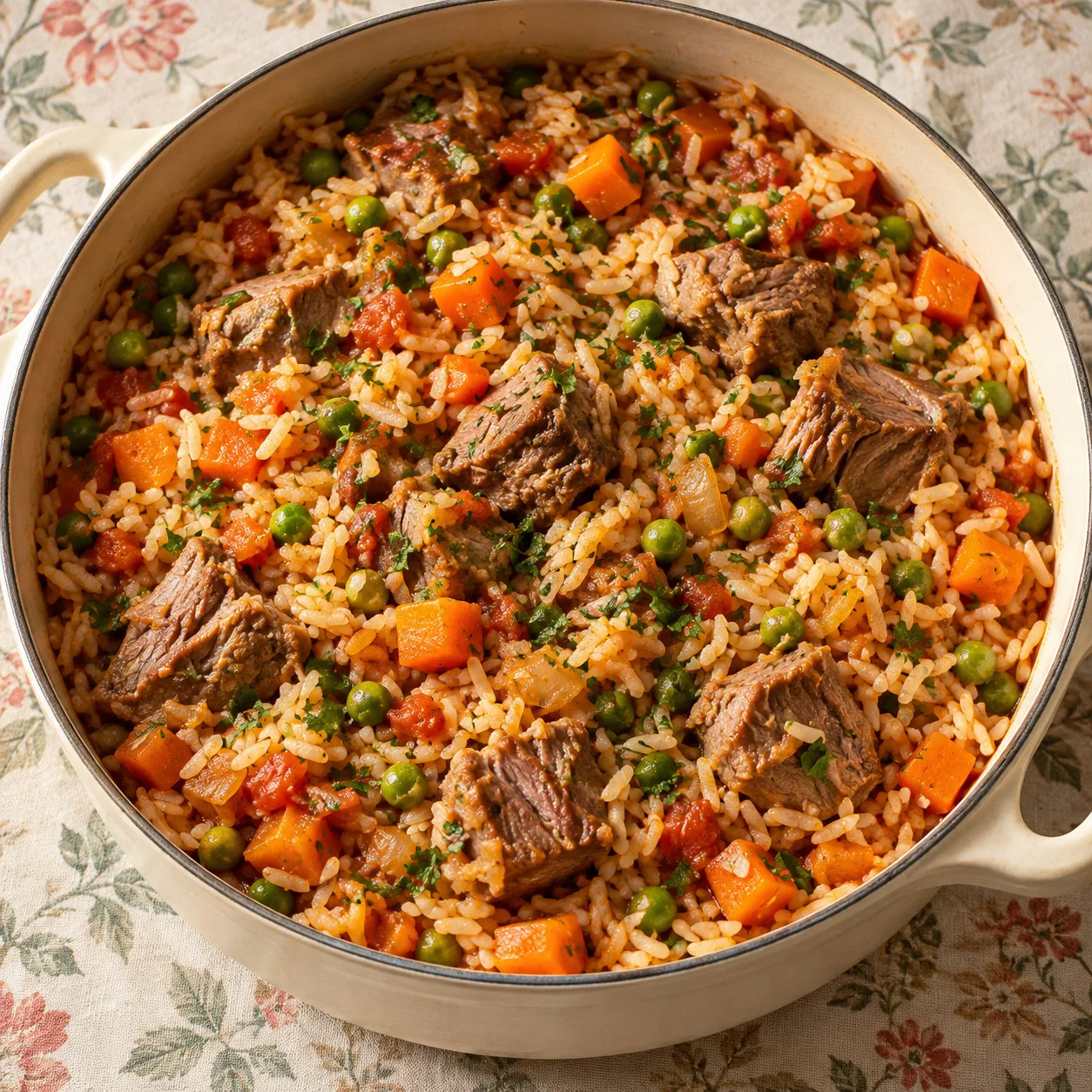 Arroz de cordeiro com cenoura, alecrim e ervilhas