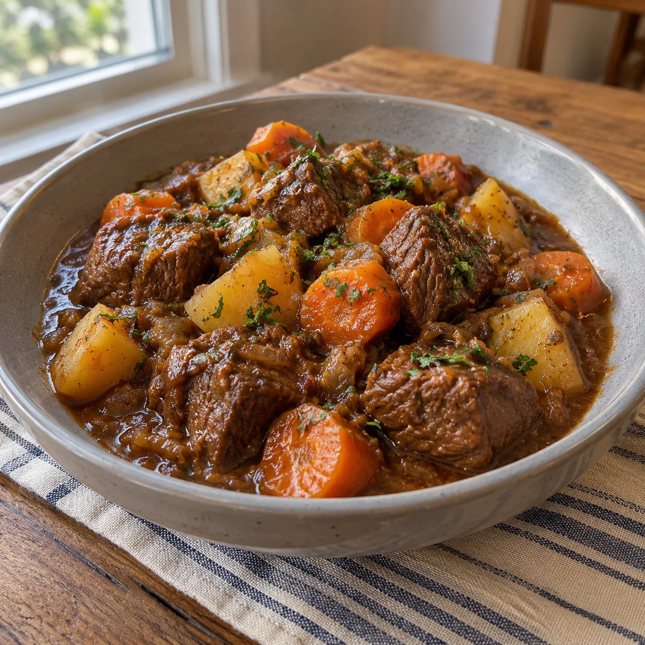 Acém na cerveja com batatas e cenouras de panela