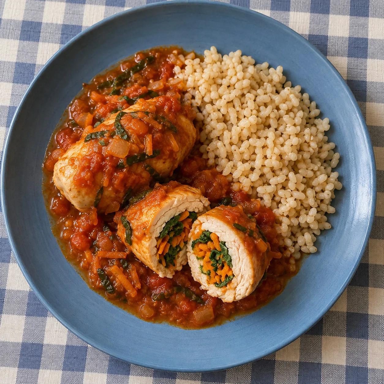 Rolês de frango com cenoura e couve ao molho de tomate