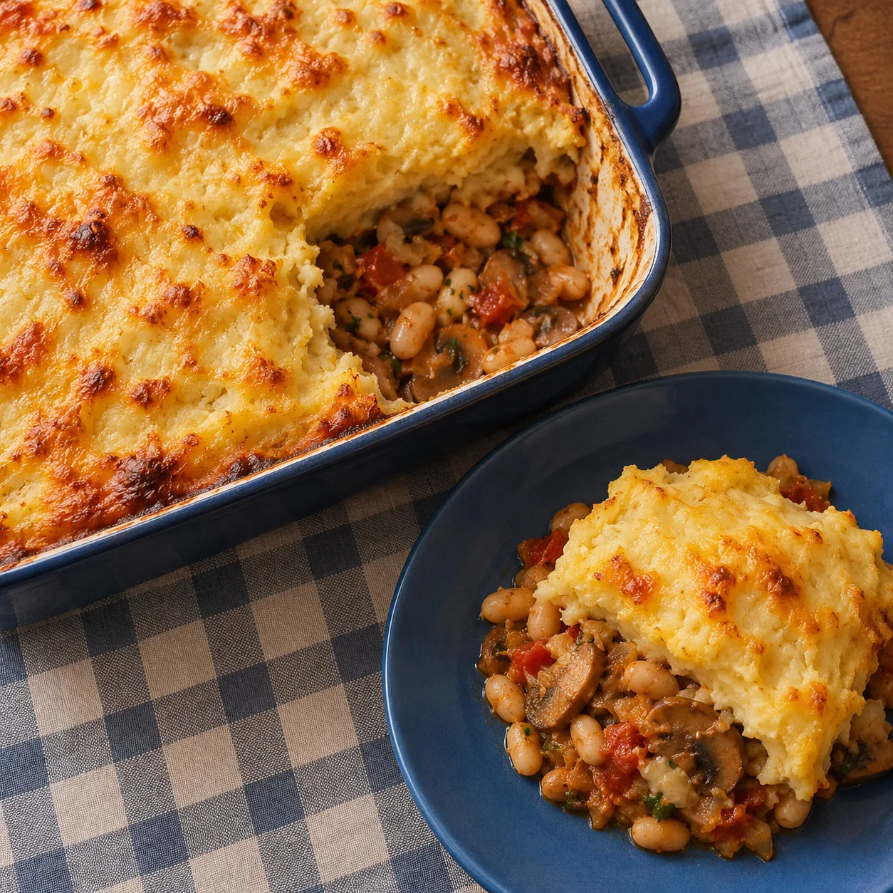 Feijão-branco com cogumelos sob purê gratinado de mandioquinha