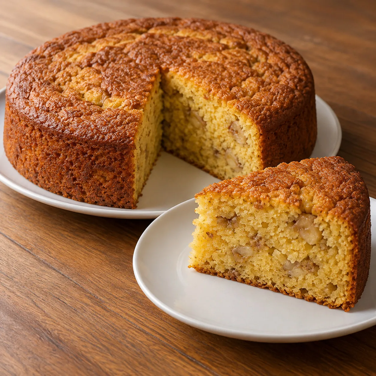 Bolo de fubá com banana em cubinhos e canela