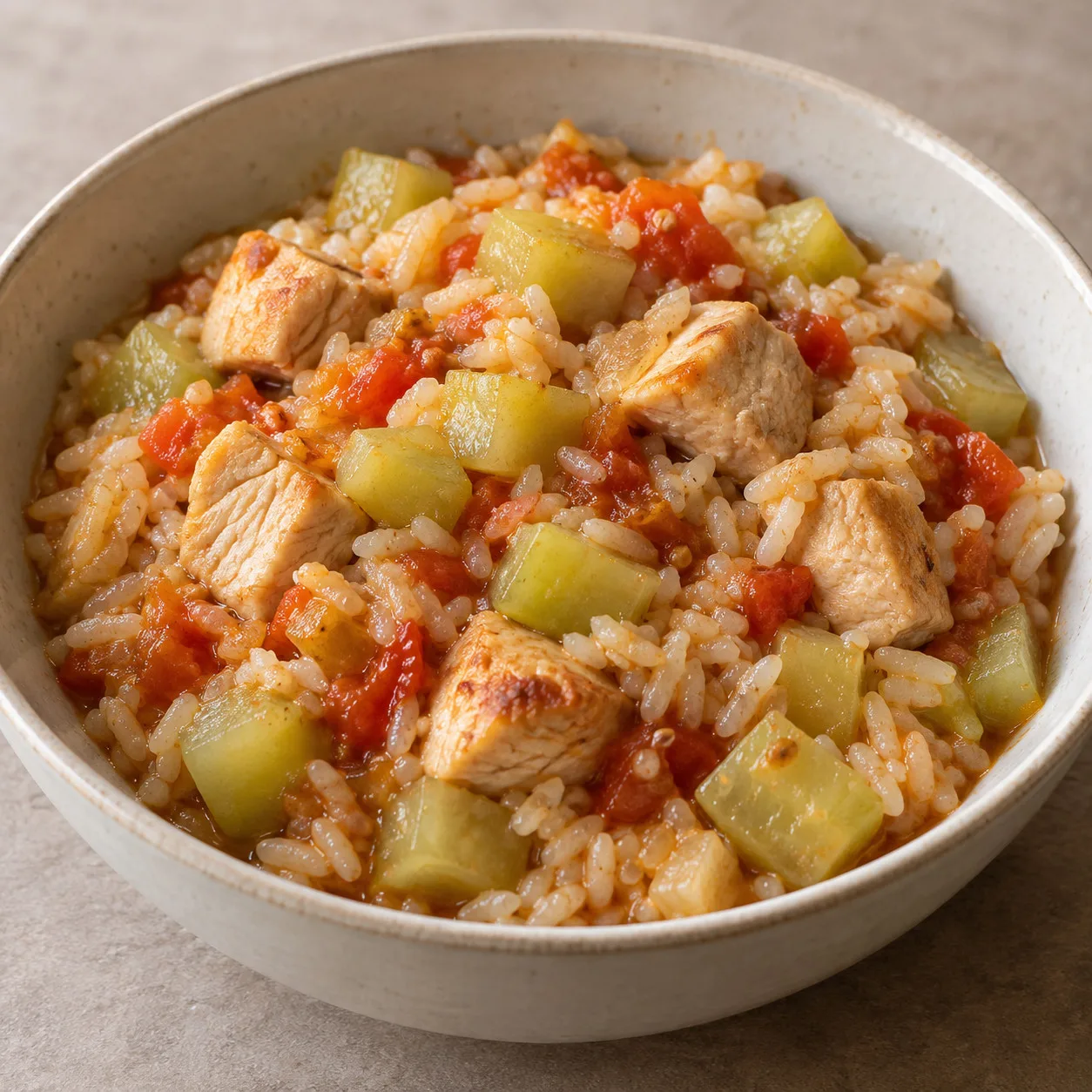 Frango de panela com chuchu, tomate e arroz