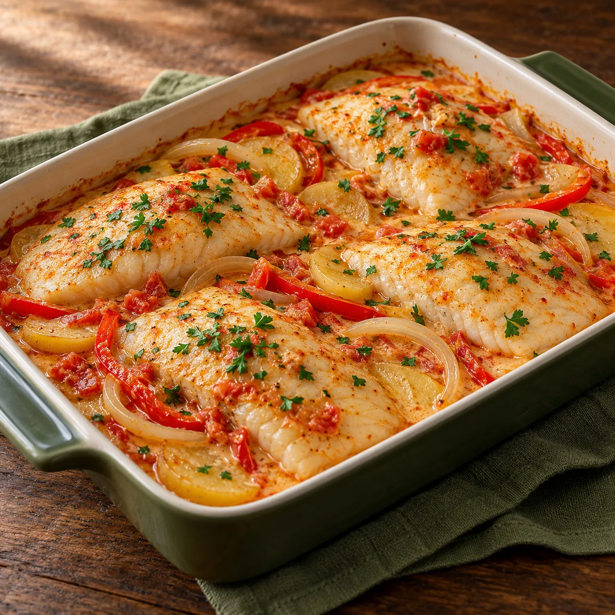 Tilápia assada com batatas, pimentão e molho de coco