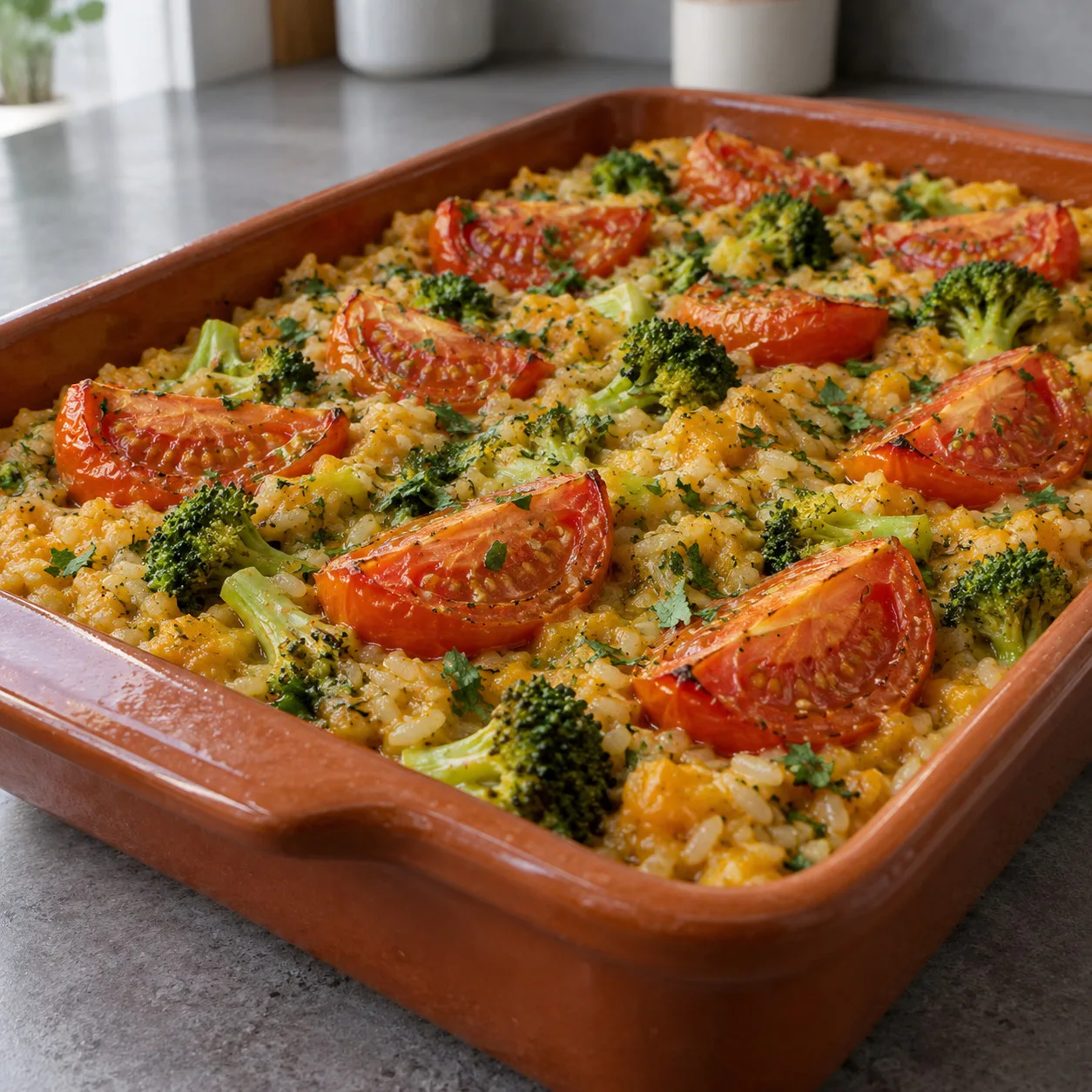 Tomates assados sobre arroz de brócolis e creme de abóbora