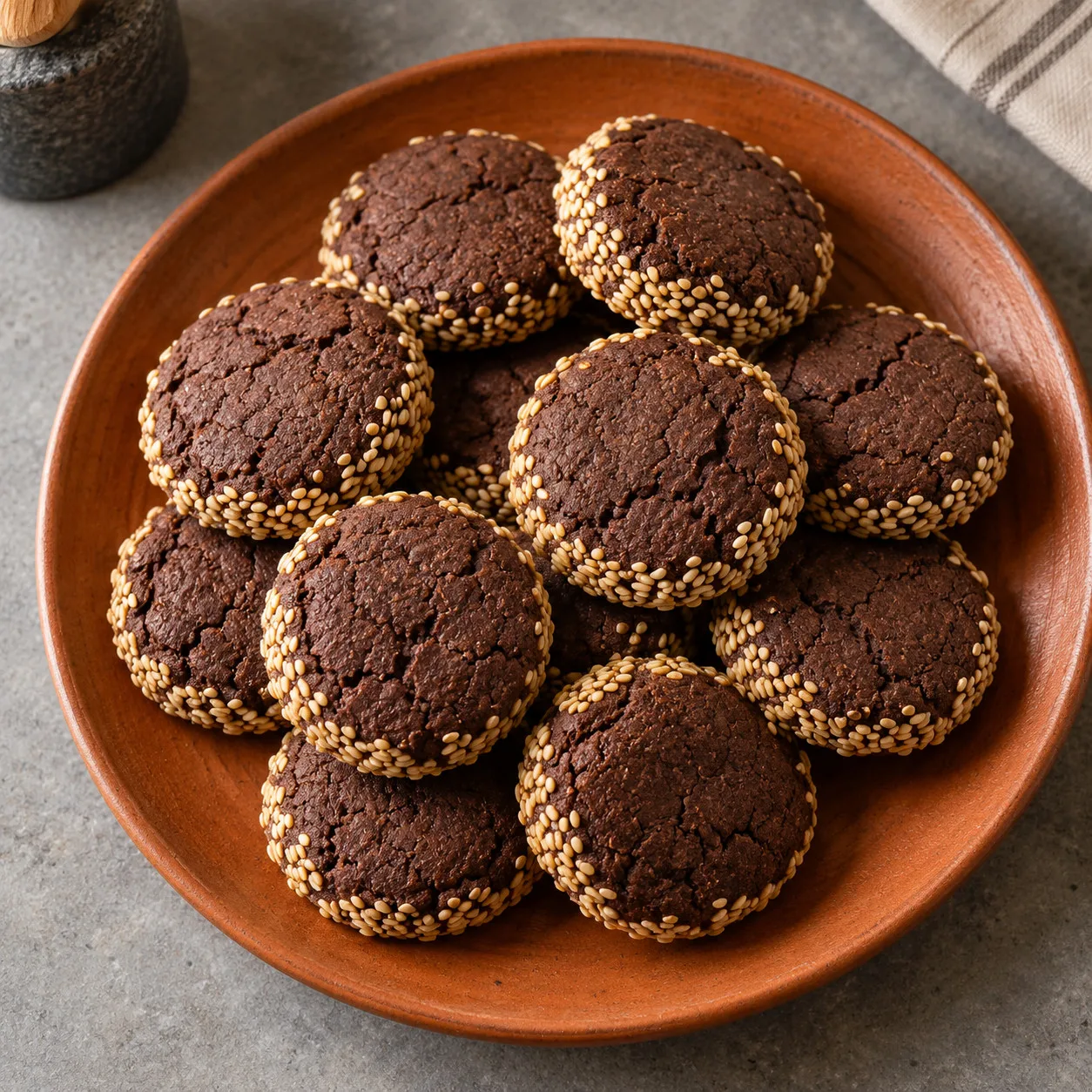 Biscoitos de cacau com crosta de gergelim