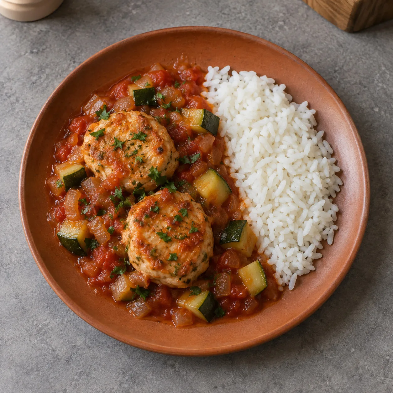 Medalhões caseiros de frango ao molho de tomate e abobrinha com arroz