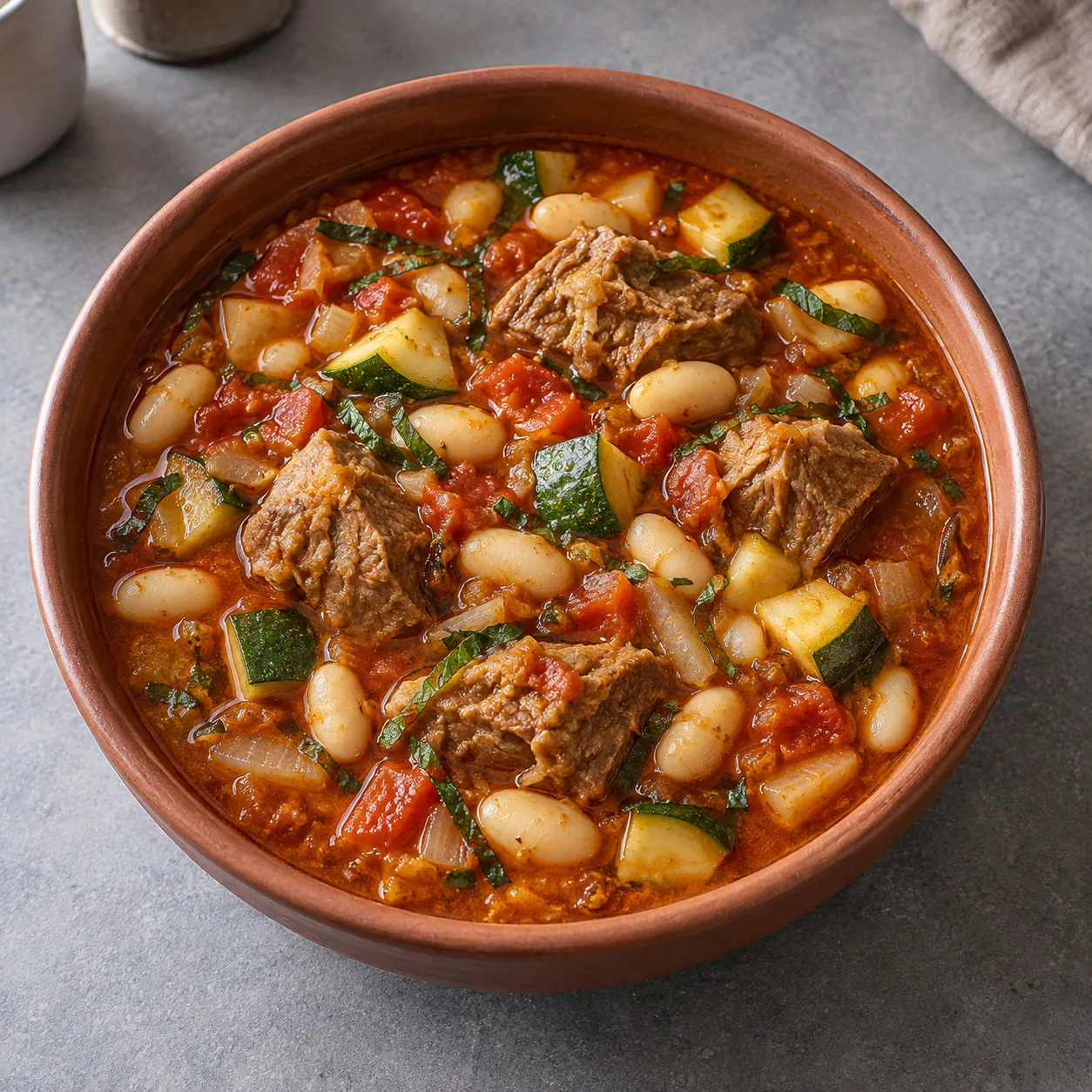 Sopa de cordeiro com feijão-branco, abobrinha e hortelã